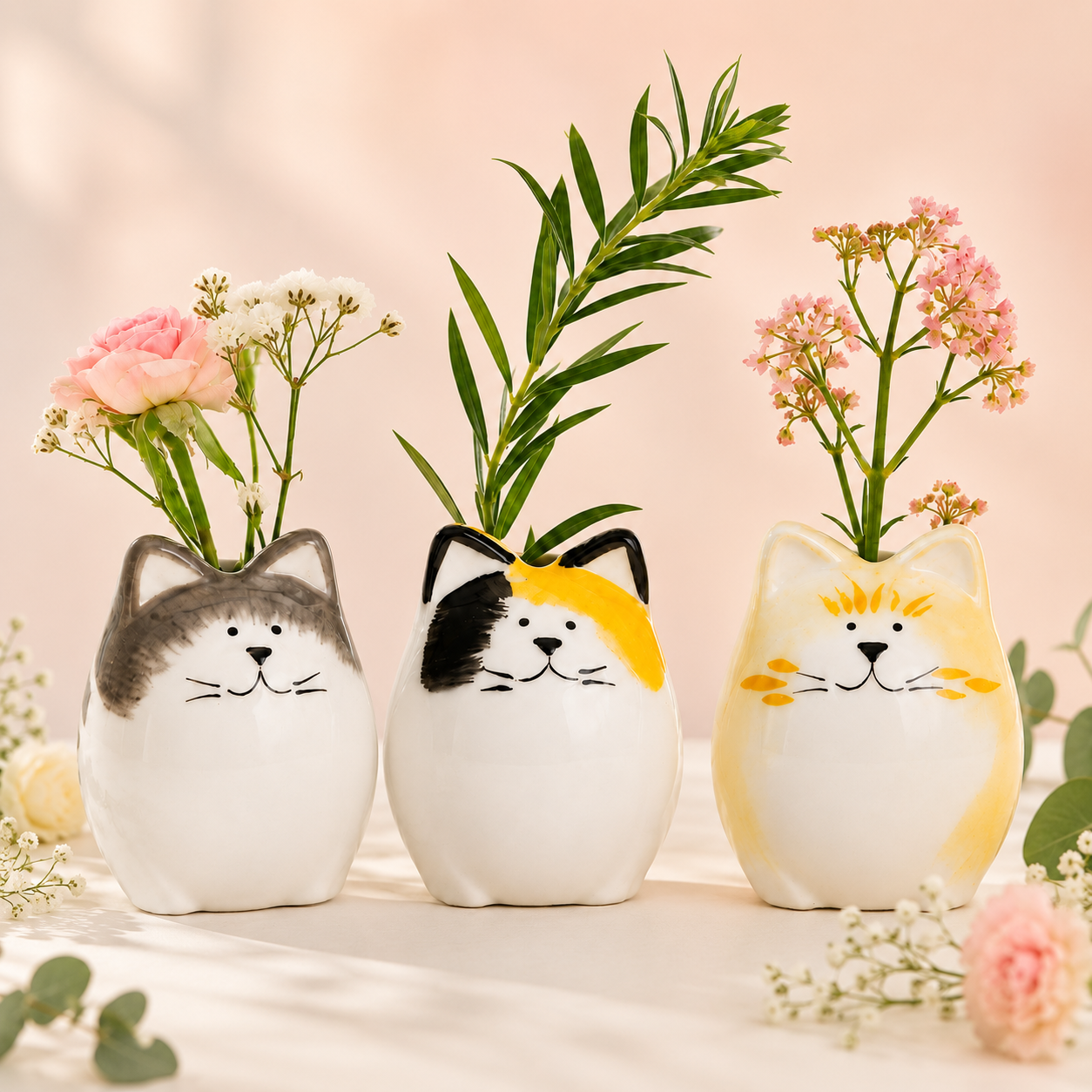 Set of 3 Hand-Painted Ceramic Cat Bud Vases