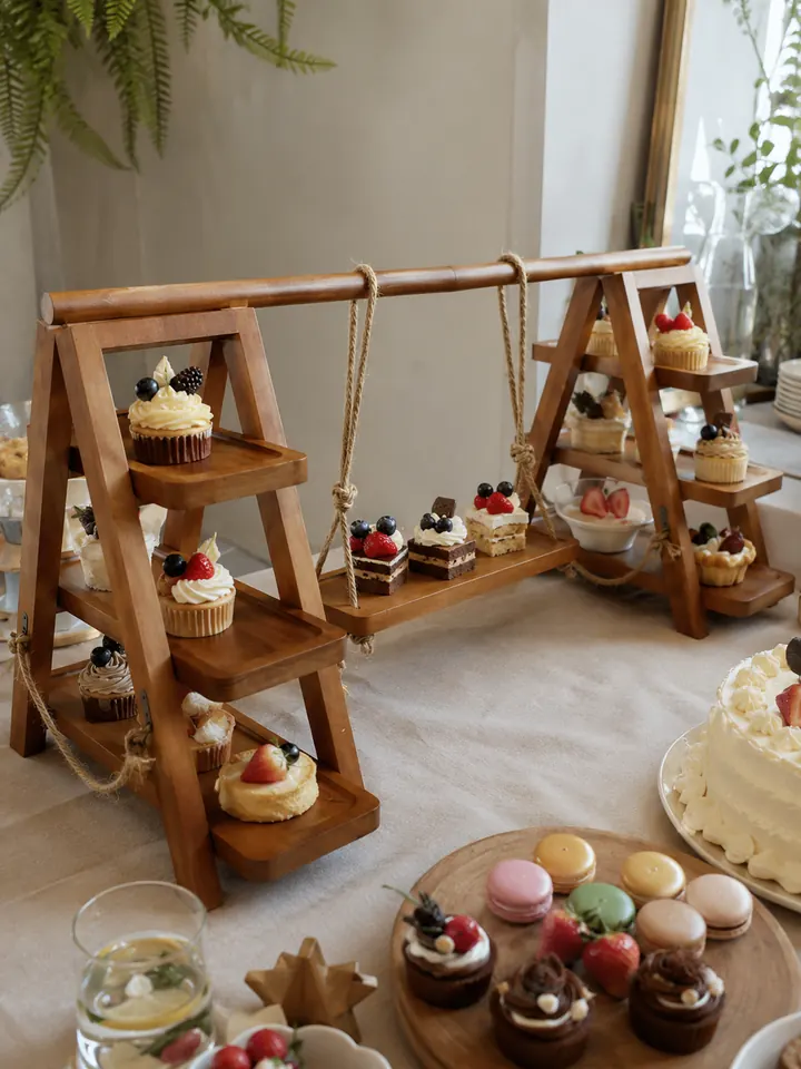Rustic wooden cupcake stand filled with cakes and pastries at a warm home celebration