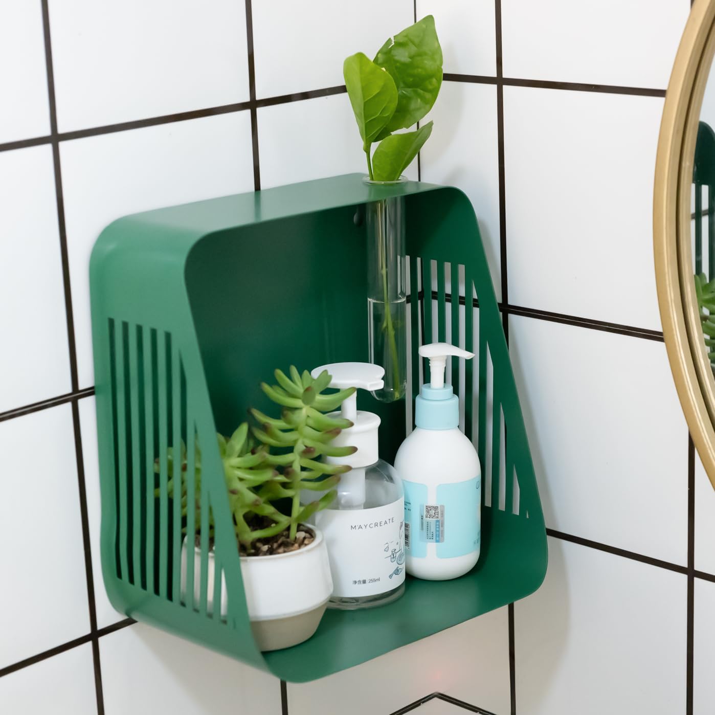 Green Iron Floating Shelf with Hydroponic Hole & Diffuser Stand-MOUGIGI