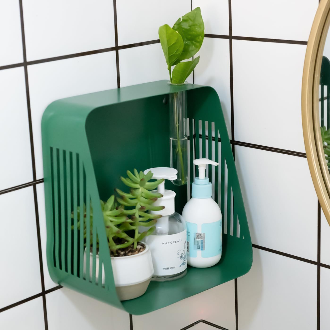 Green Iron Floating Shelf with Hydroponic Hole & Diffuser Stand-MOUGIGI