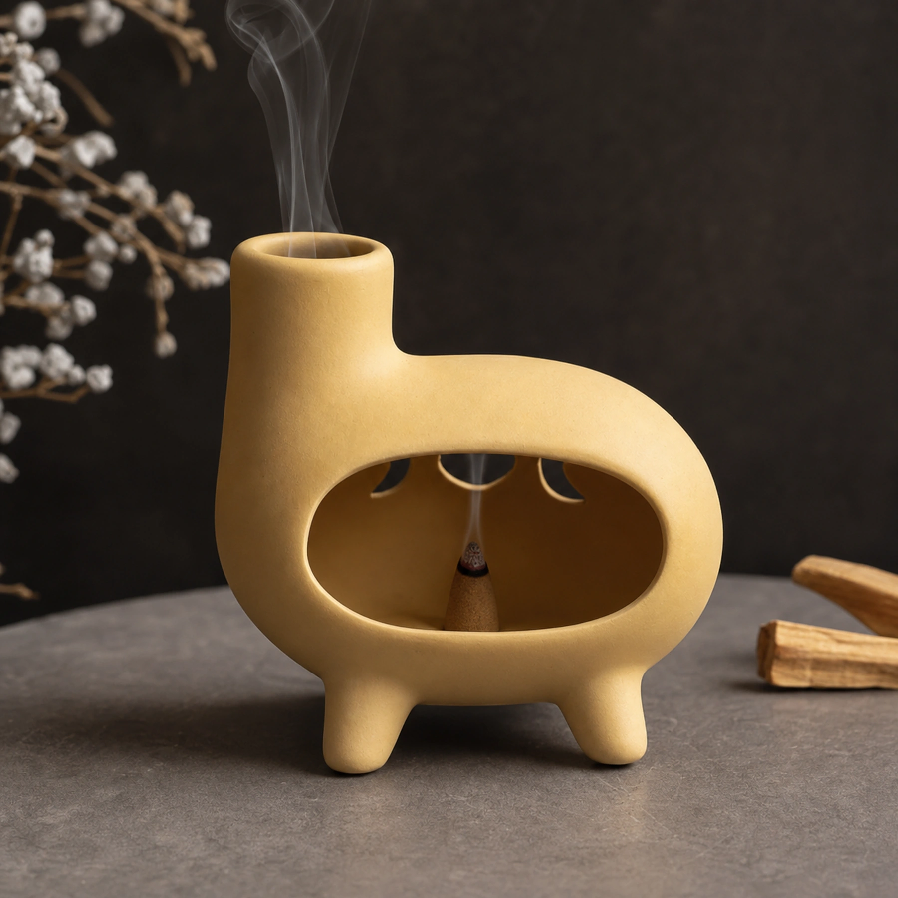 Matte yellow ceramic Palo Santo holder with a tapered incense cone and smoke from the chimney