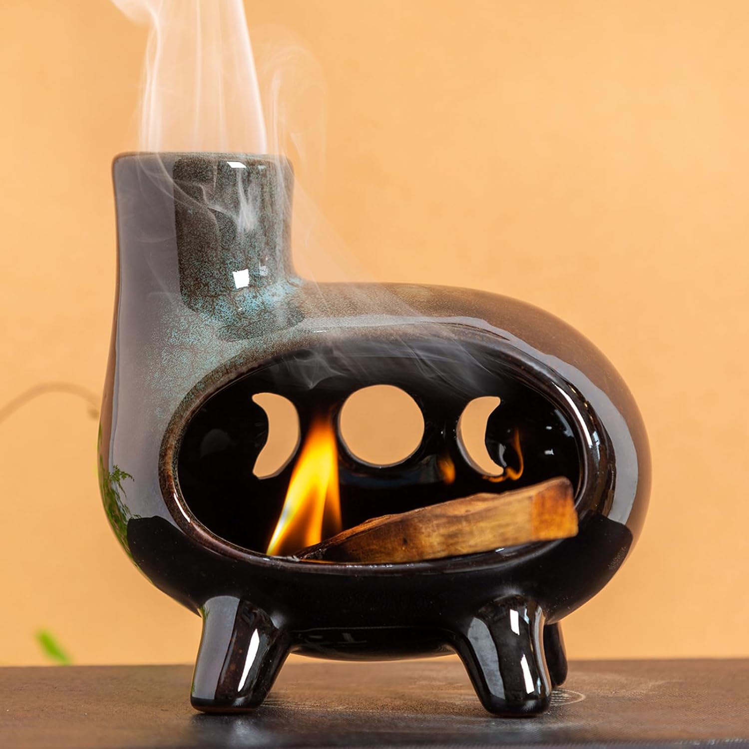 Green Glaze Ceramic Palo Santo Holder - Footed Chimney Burner -MOUGIGI