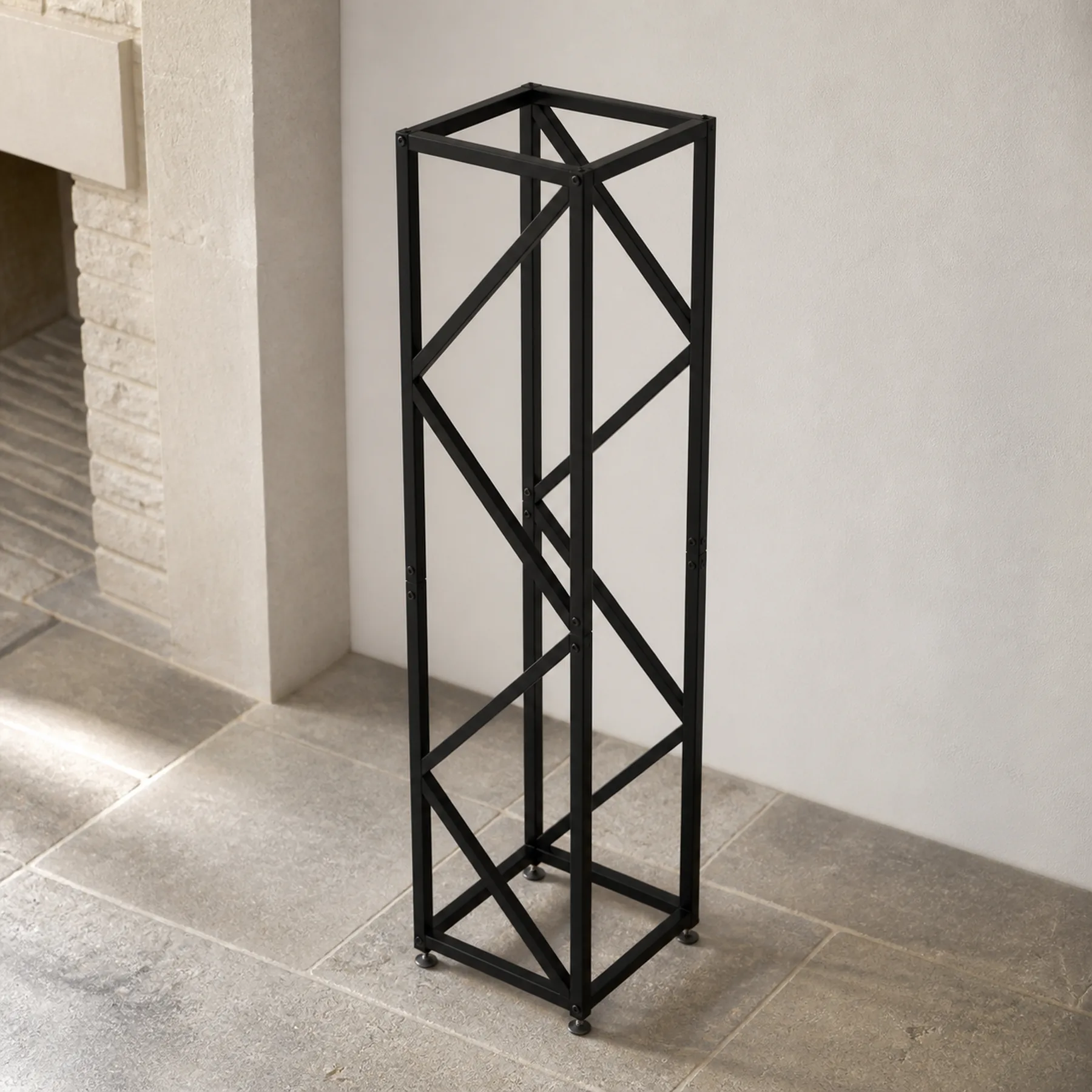 Tall Black Metal Firewood Rack with Adjustable Feet - clean empty alternate angle
