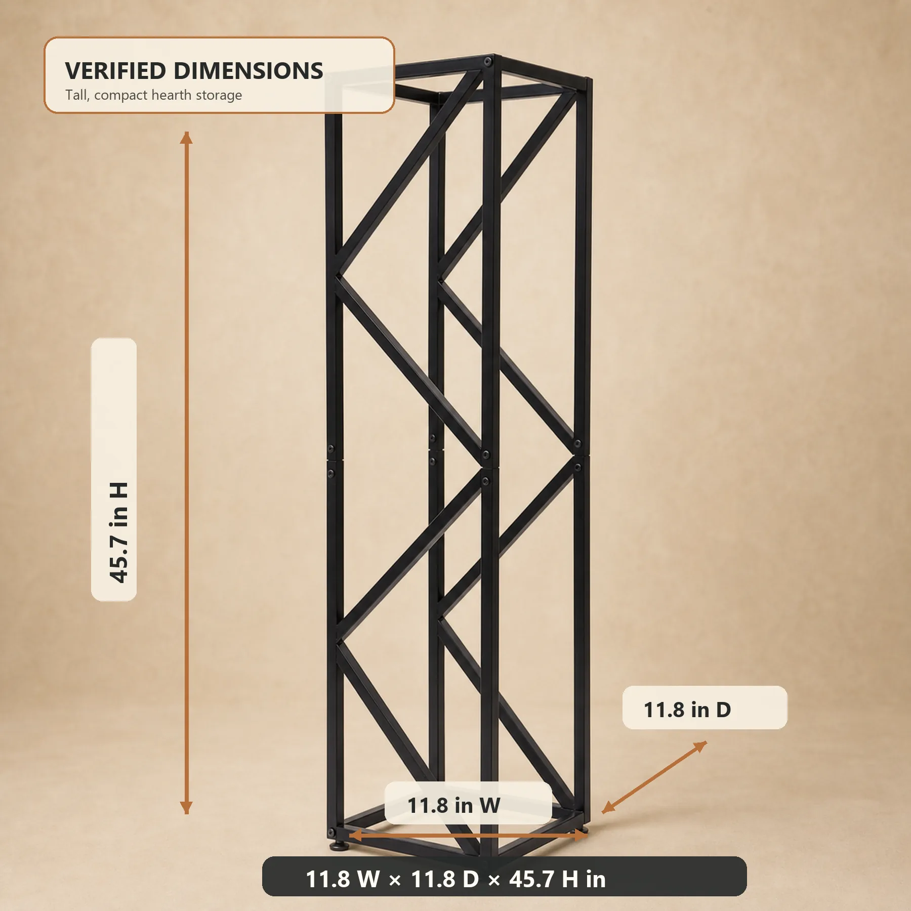 Tall Black Metal Firewood Rack with Adjustable Feet - verified dimension graphic