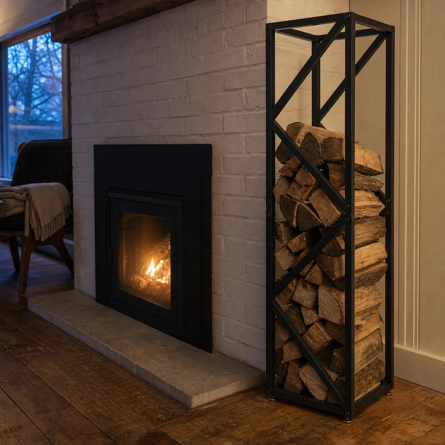 Tall Black Metal Firewood Rack with Adjustable Feet - evening painted-brick fireplace lifestyle