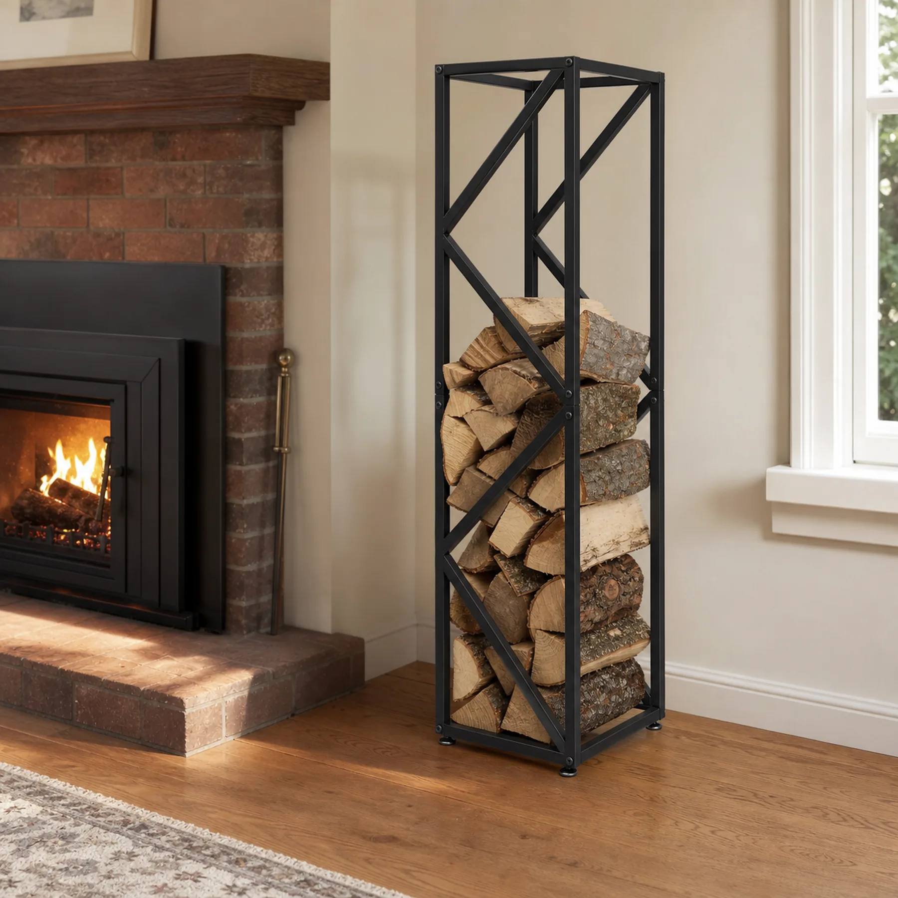 Tall Black Metal Firewood Rack with Adjustable Feet - sunlit brick fireplace hero