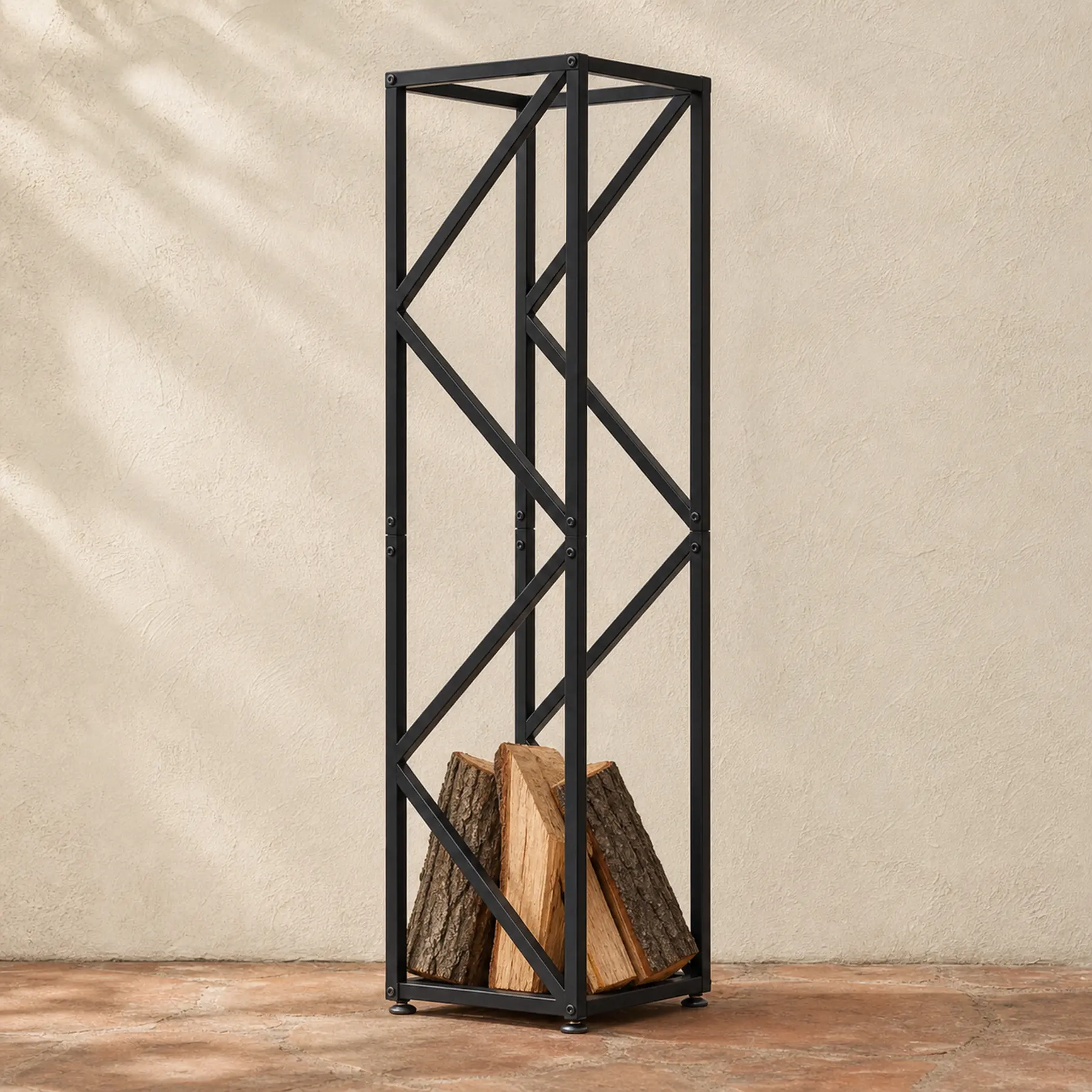 Tall Black Metal Firewood Rack with Adjustable Feet - geometric side bracing with log scale