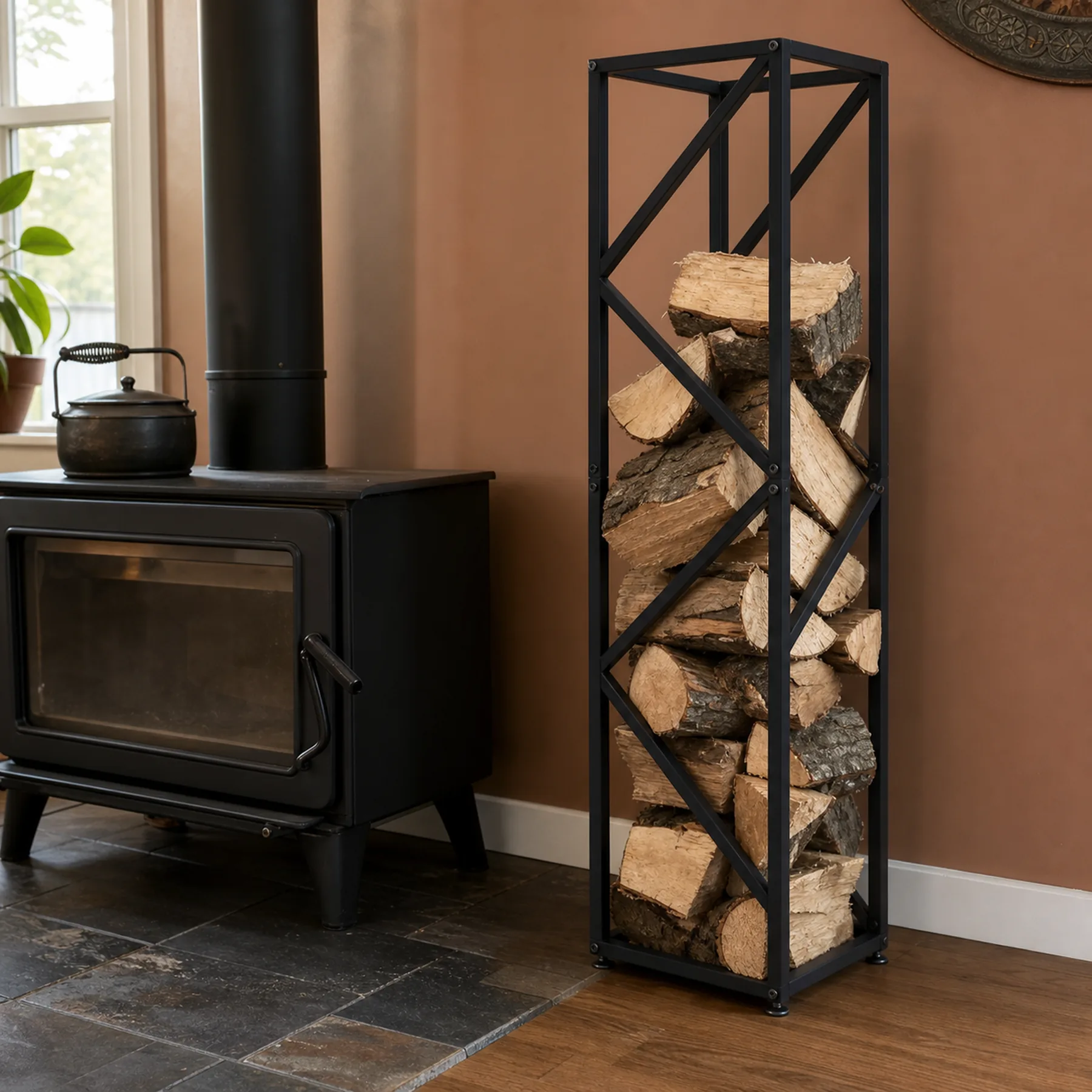 Tall Black Metal Firewood Rack with Adjustable Feet - loaded wood-stove use