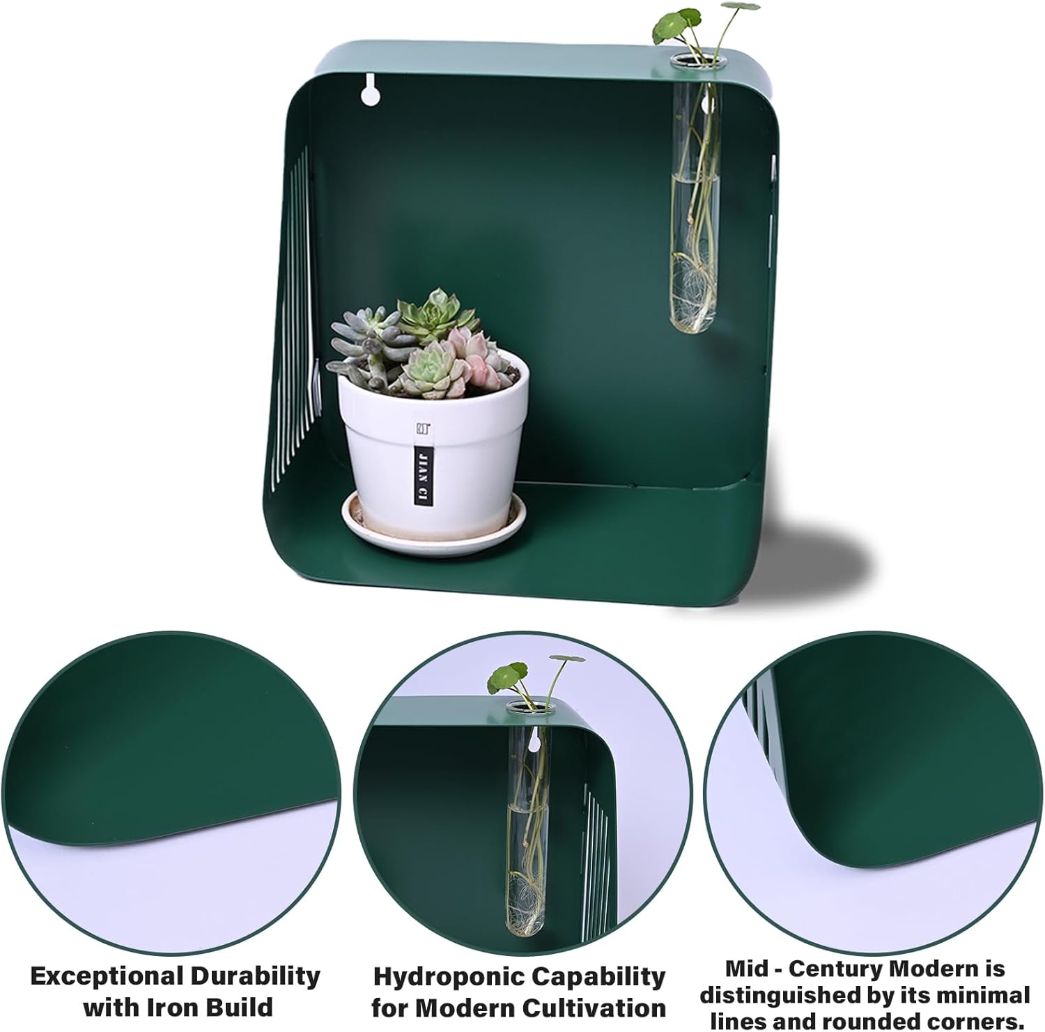 Green Iron Floating Shelf with Hydroponic Hole & Diffuser Stand-MOUGIGI