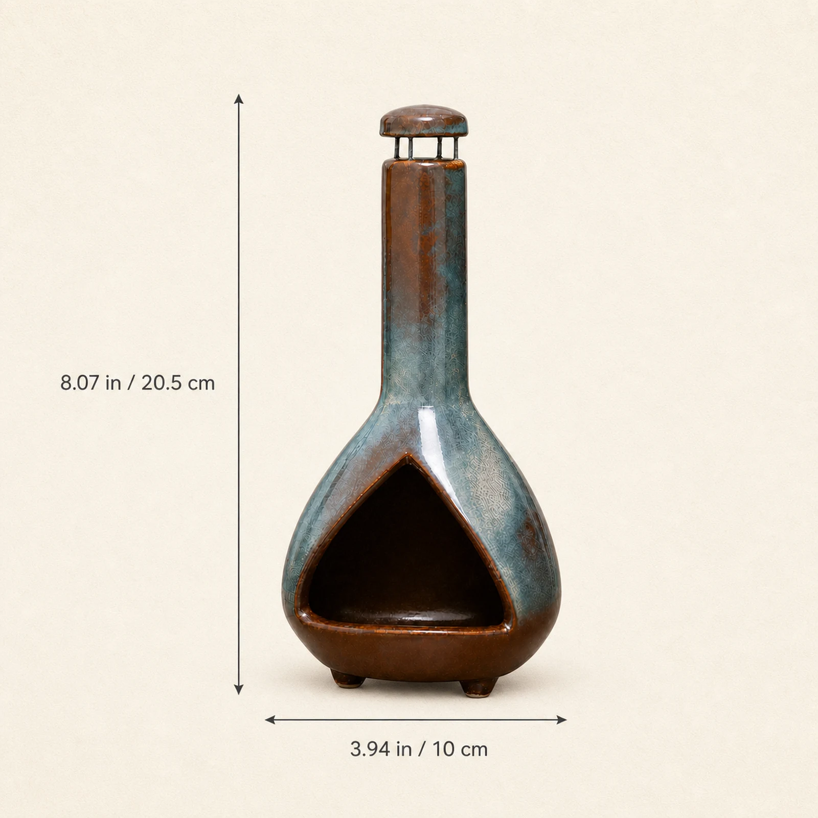 Army Green grey-green and brown ceramic Palo Santo holder dimensions graphic showing 8.07 inches tall and 3.94 inches wide