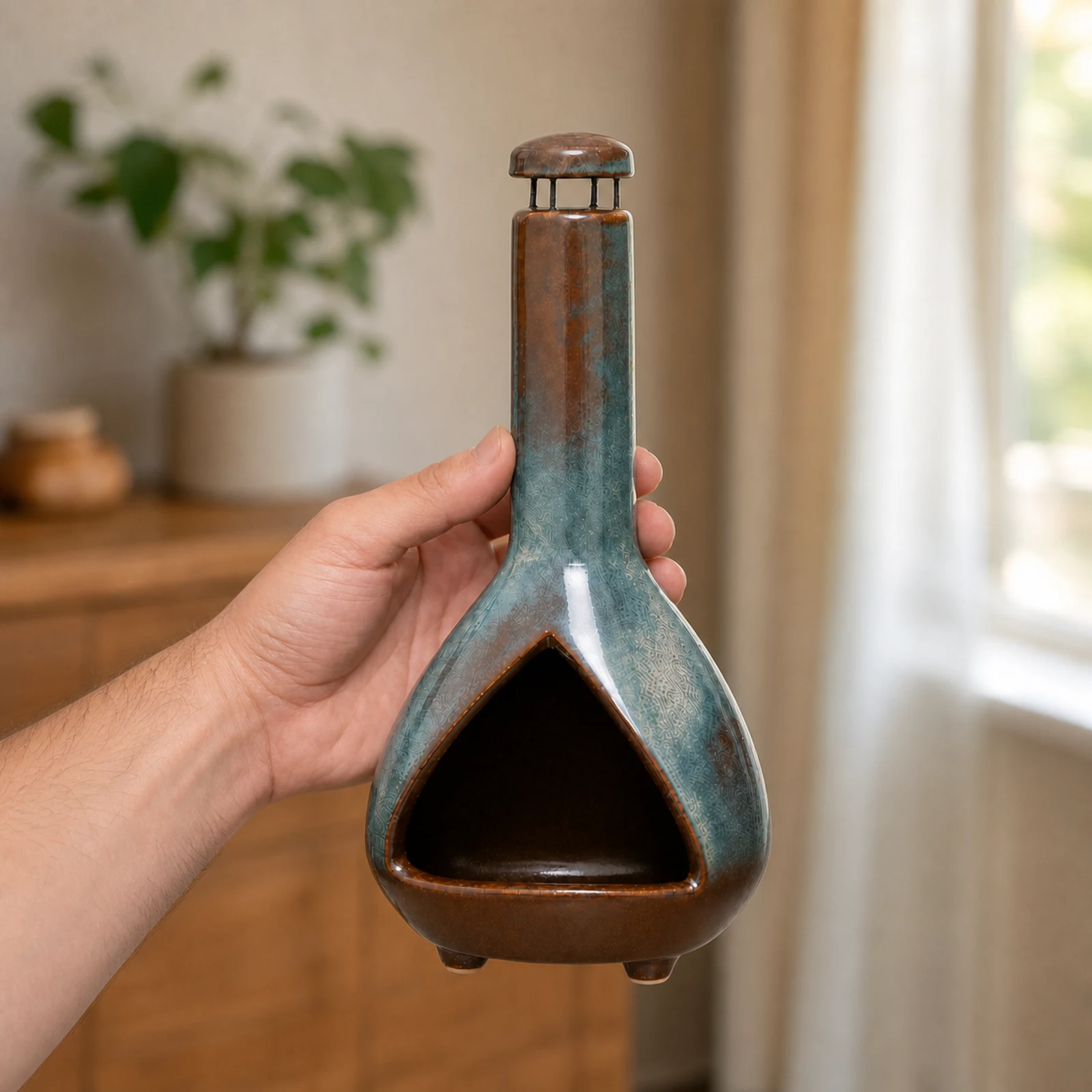 Army Green grey-green and brown ceramic Palo Santo holder held in one hand to show the product scale