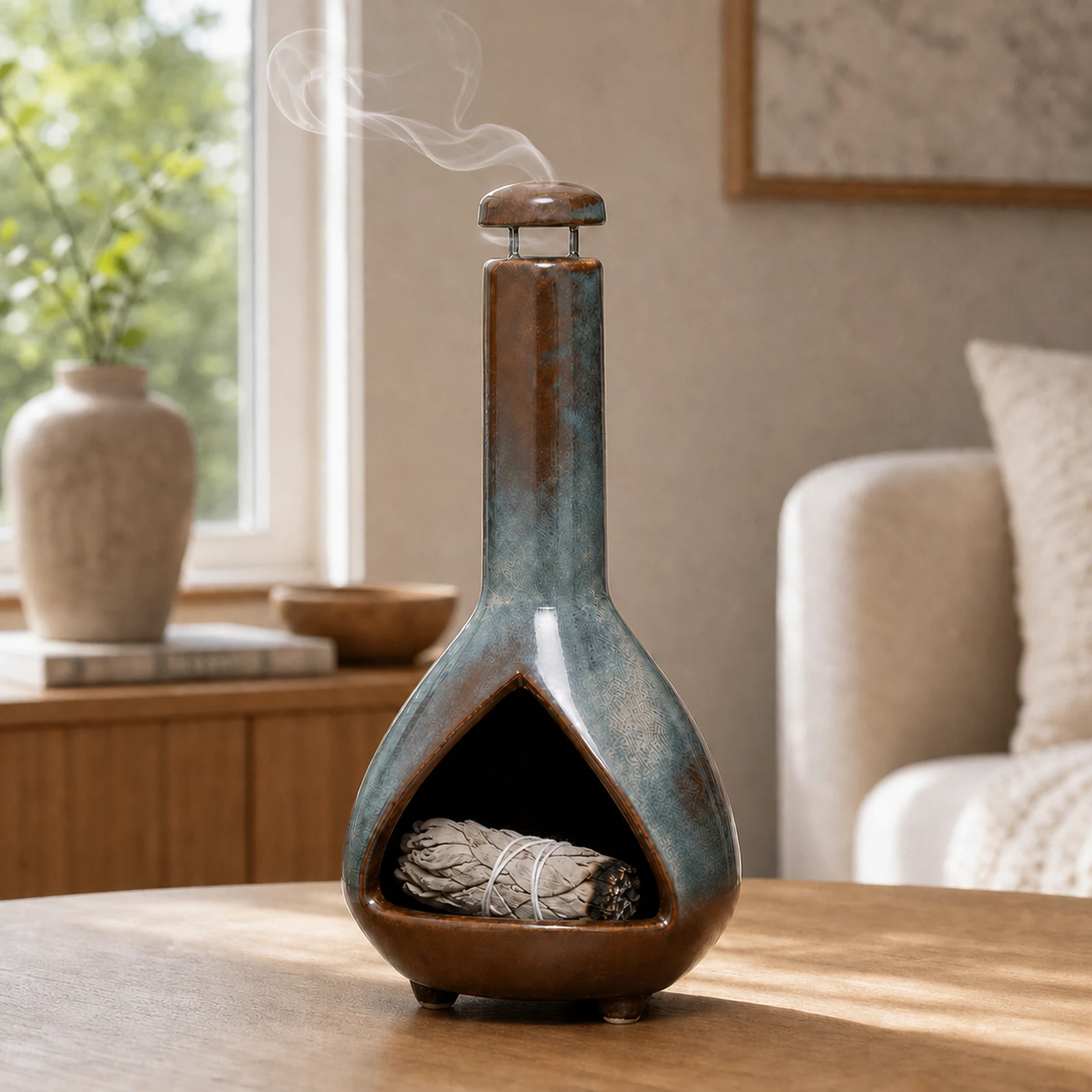 Army Green grey-green and brown ceramic Palo Santo holder used with a grey-white sage bundle and smoke leaving from the top vent