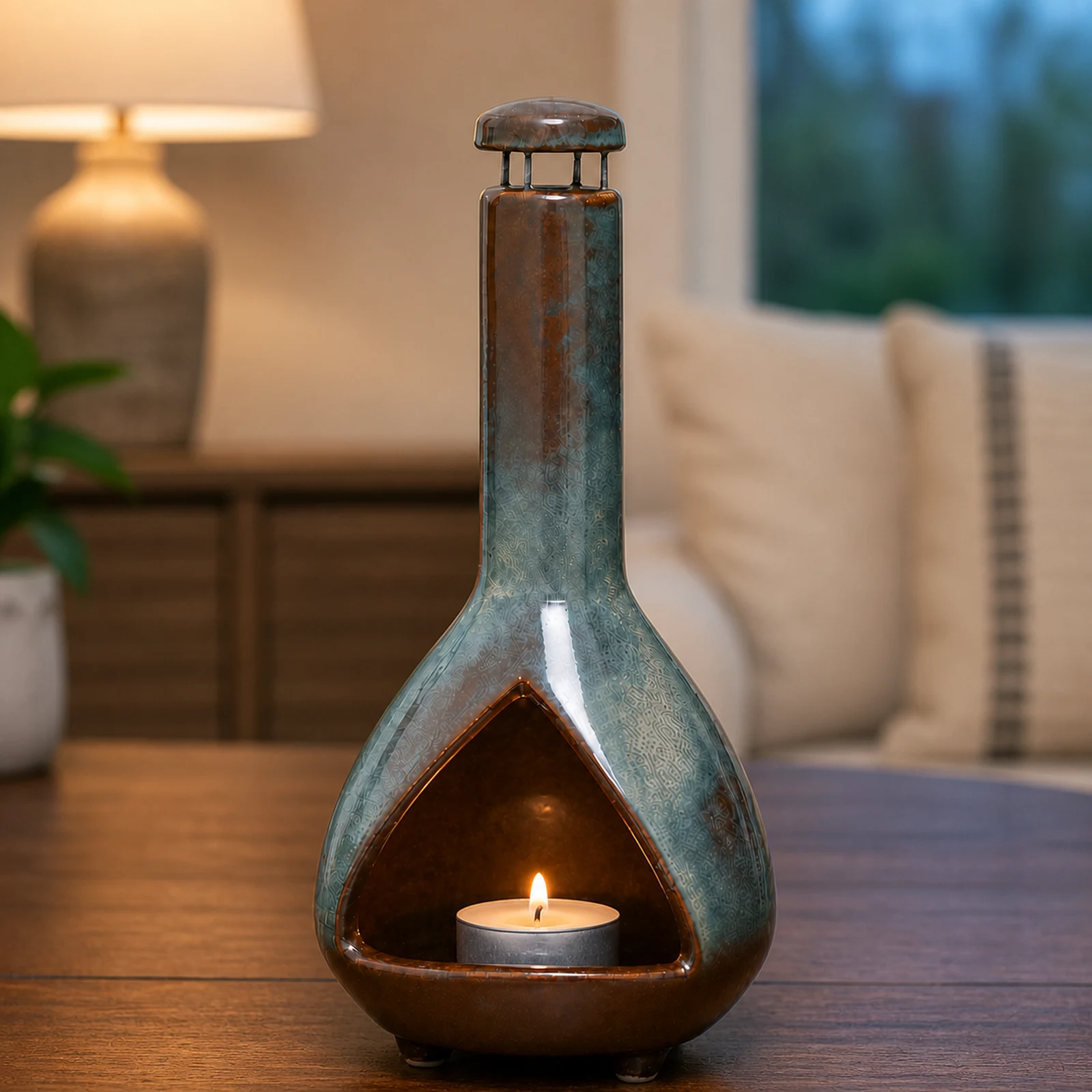Army Green grey-green and brown ceramic Palo Santo holder with a small lit tea light candle in the front chamber
