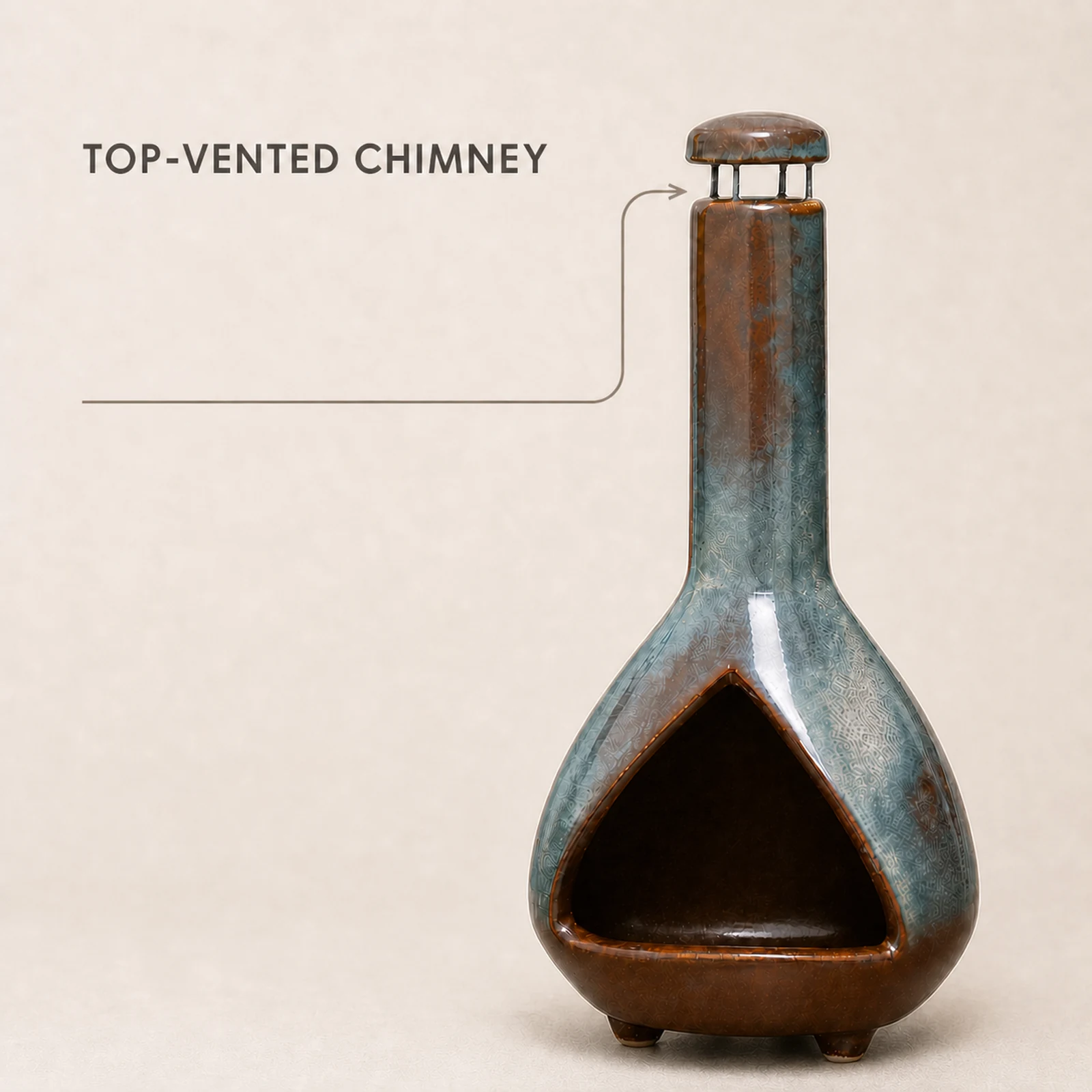 Army Green grey-green and brown ceramic Palo Santo holder top-vented chimney detail with an accurate smoke-path arrow