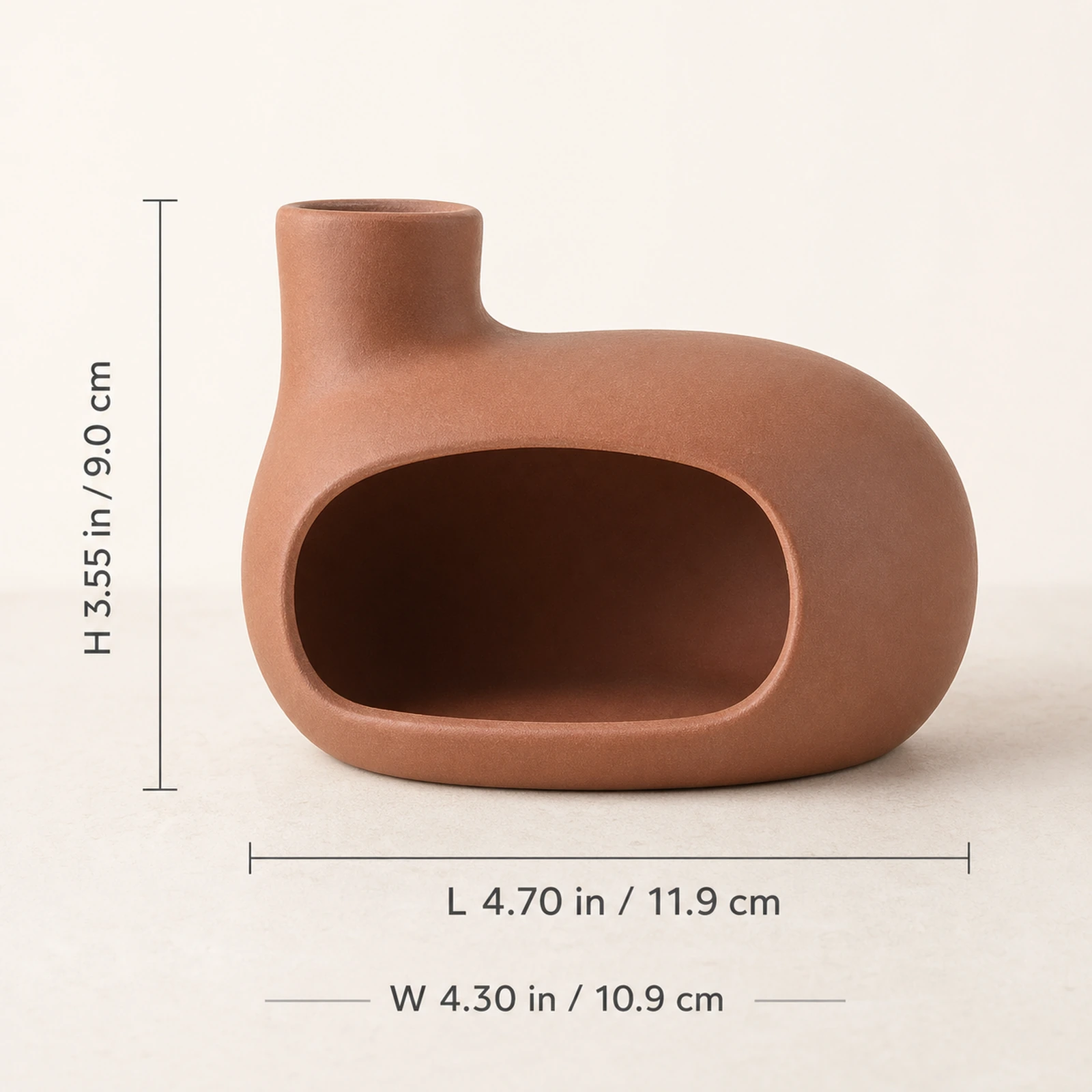 Auburn red Classic Ceramic Palo Santo & Sage Burner, verified dimension guide with front-facing product view.