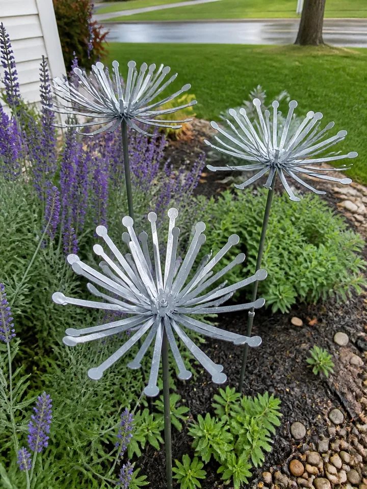 Dandelion metal garden stakes in a customer flower bed after rain