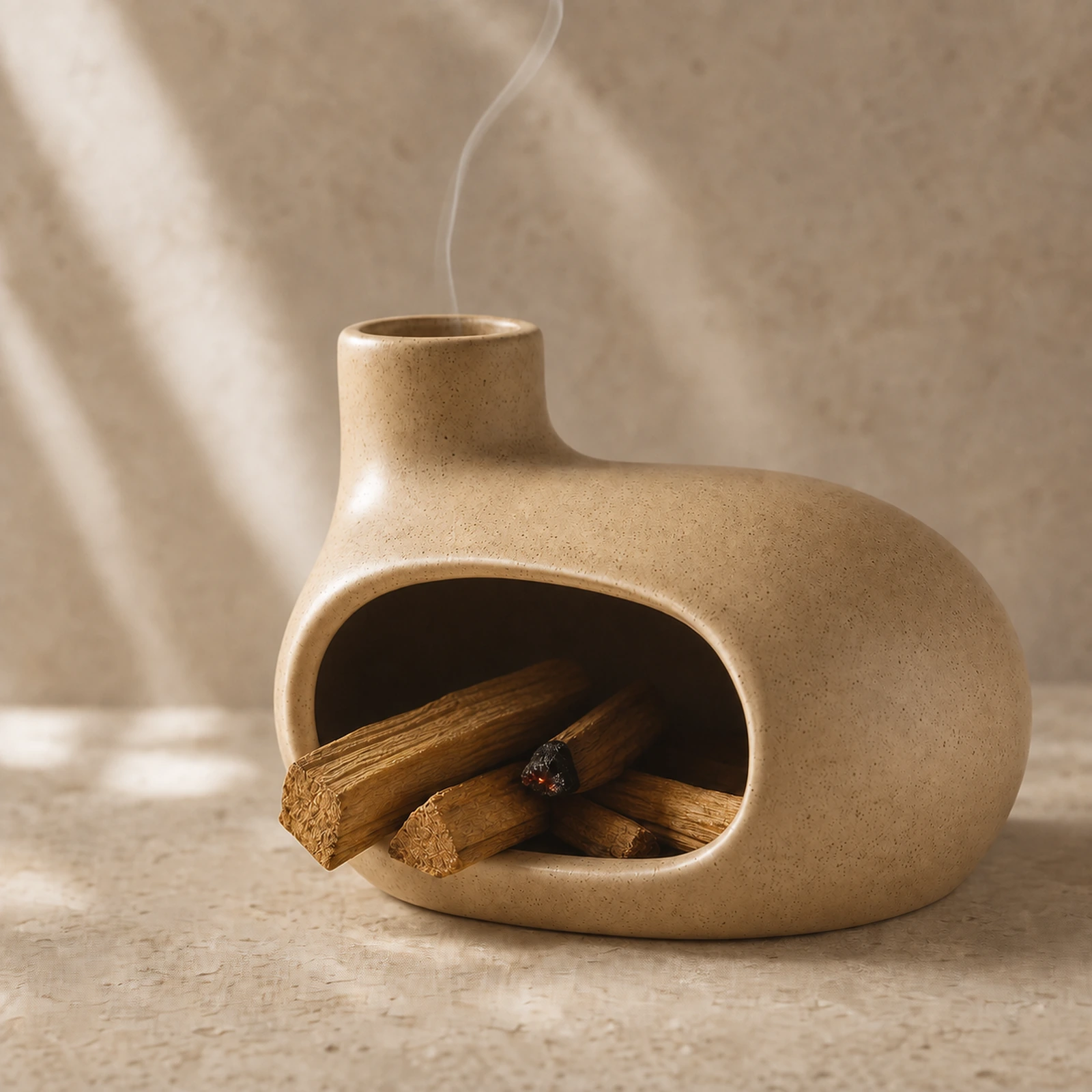 Beige Classic Ceramic Palo Santo & Sage Burner, burning Palo Santo with smoke rising only through the top vent.
