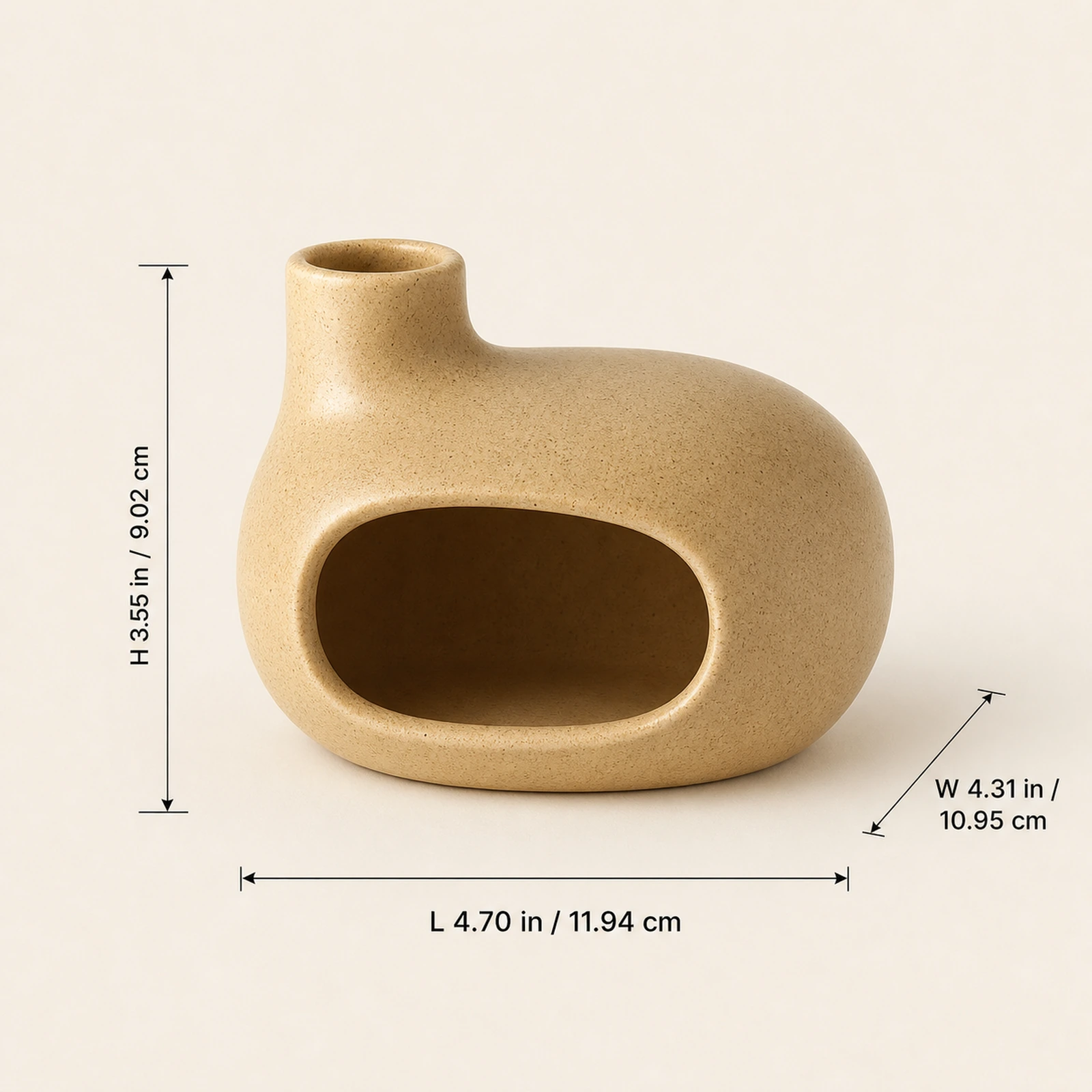 Beige Classic Ceramic Palo Santo & Sage Burner, verified dimension guide with front-facing product view.