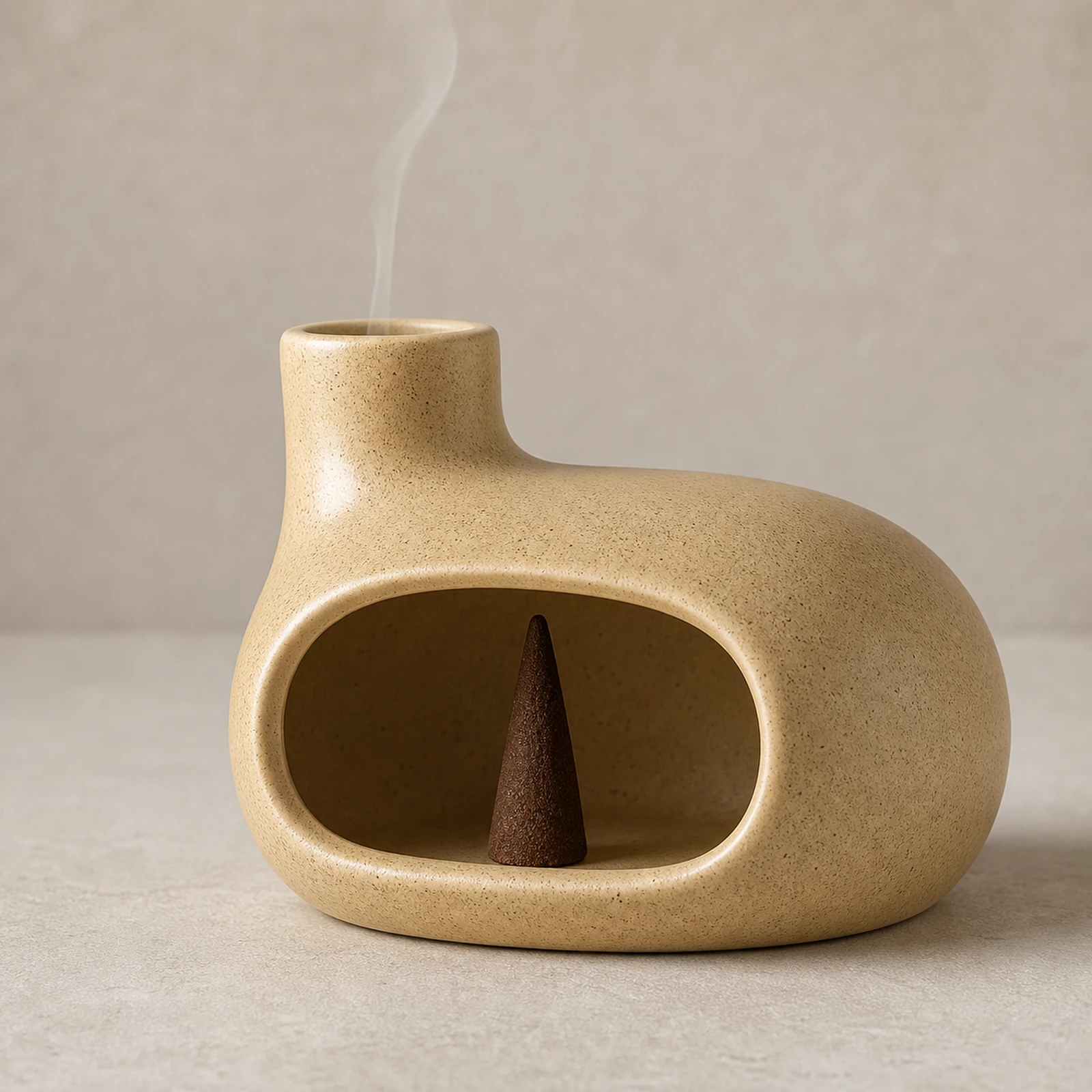 Beige Classic Ceramic Palo Santo & Sage Burner, using a tapered incense cone with smoke exiting the top vent.