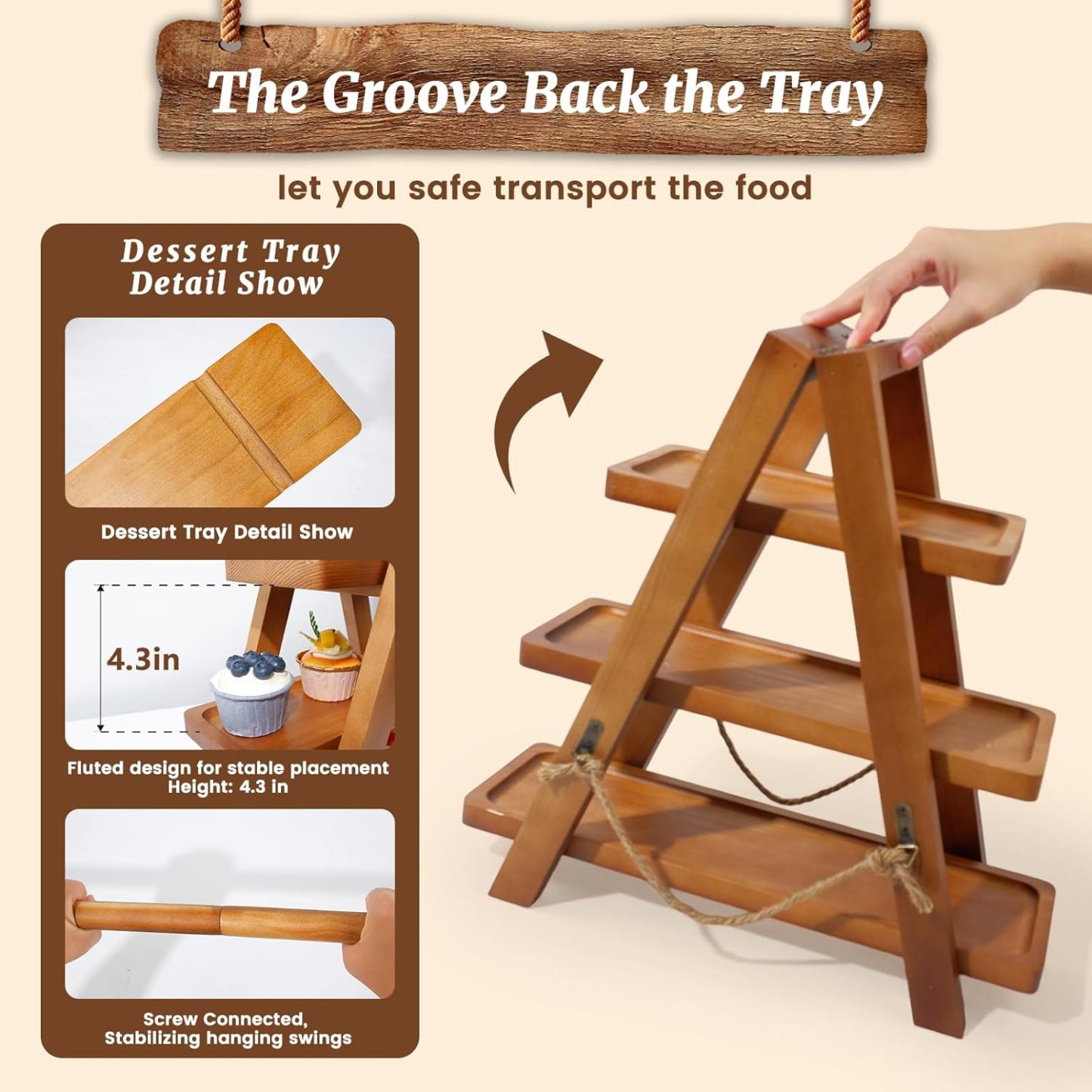 Rustic 3-Tier Wood Cupcake Stand - Removable & Foldable-MOUGIGI