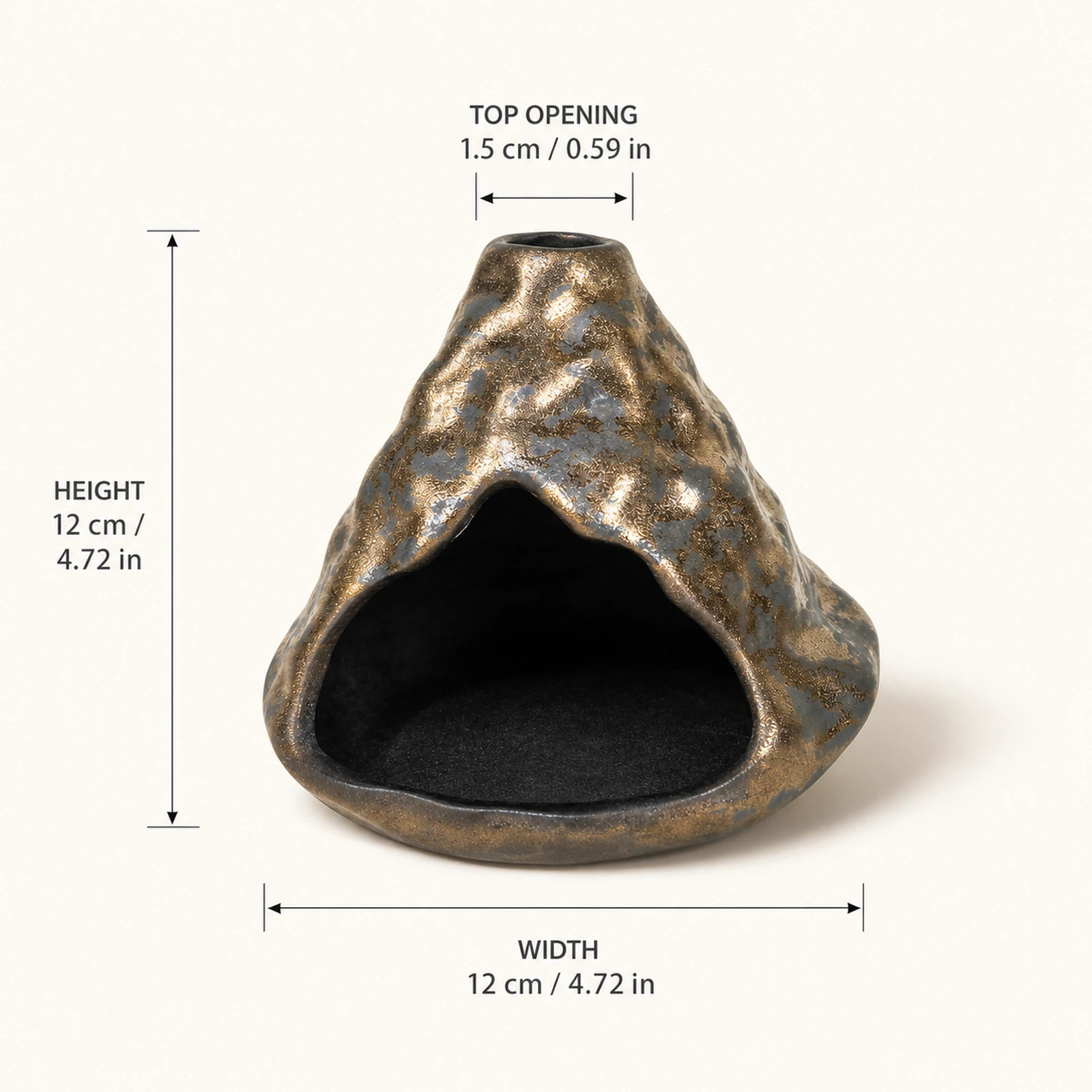 Black-Gold ceramic zongzi incense holder dimension card showing 12 cm / 4.72 in height and width and 1.5 cm / 0.59 in top opening