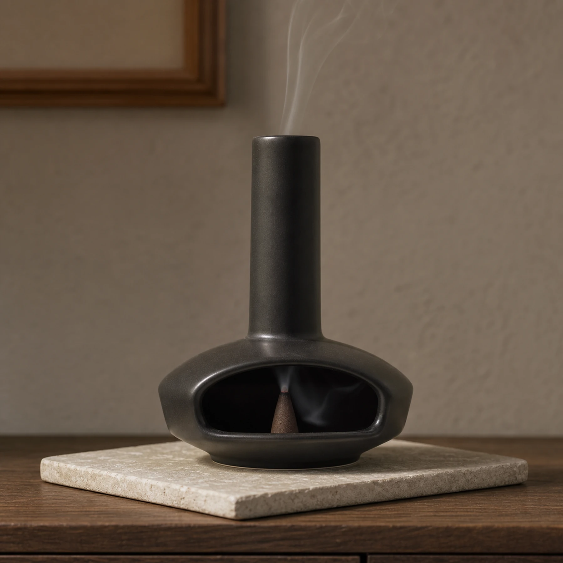 Black mini ceramic burner with tapered incense cone and chimney smoke