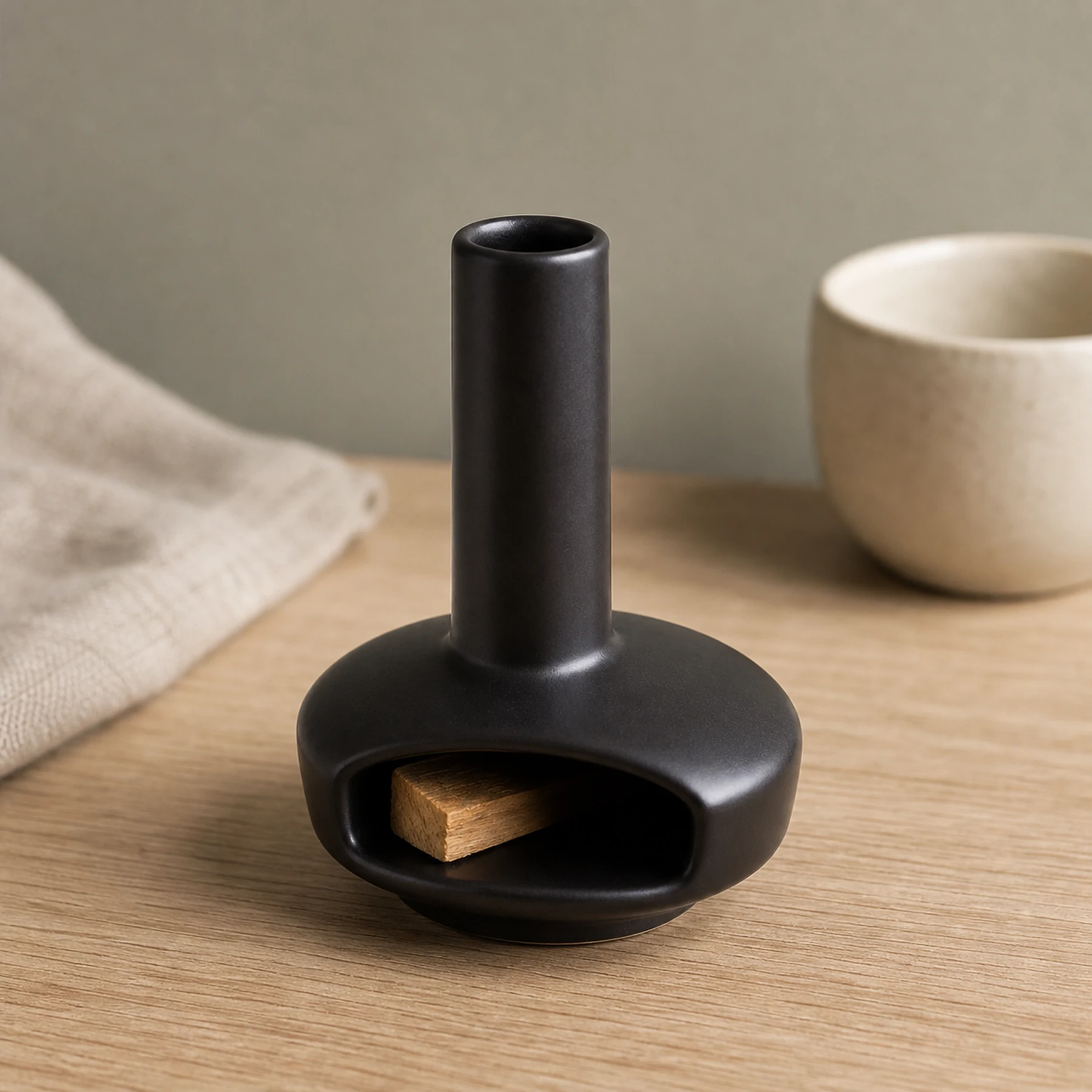 Short Palo Santo piece placed inside black mini ceramic hearth