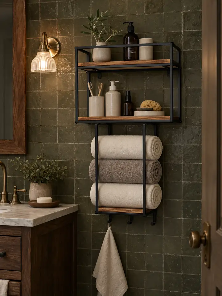 Black and wood wall towel rack on an olive tile bathroom wall