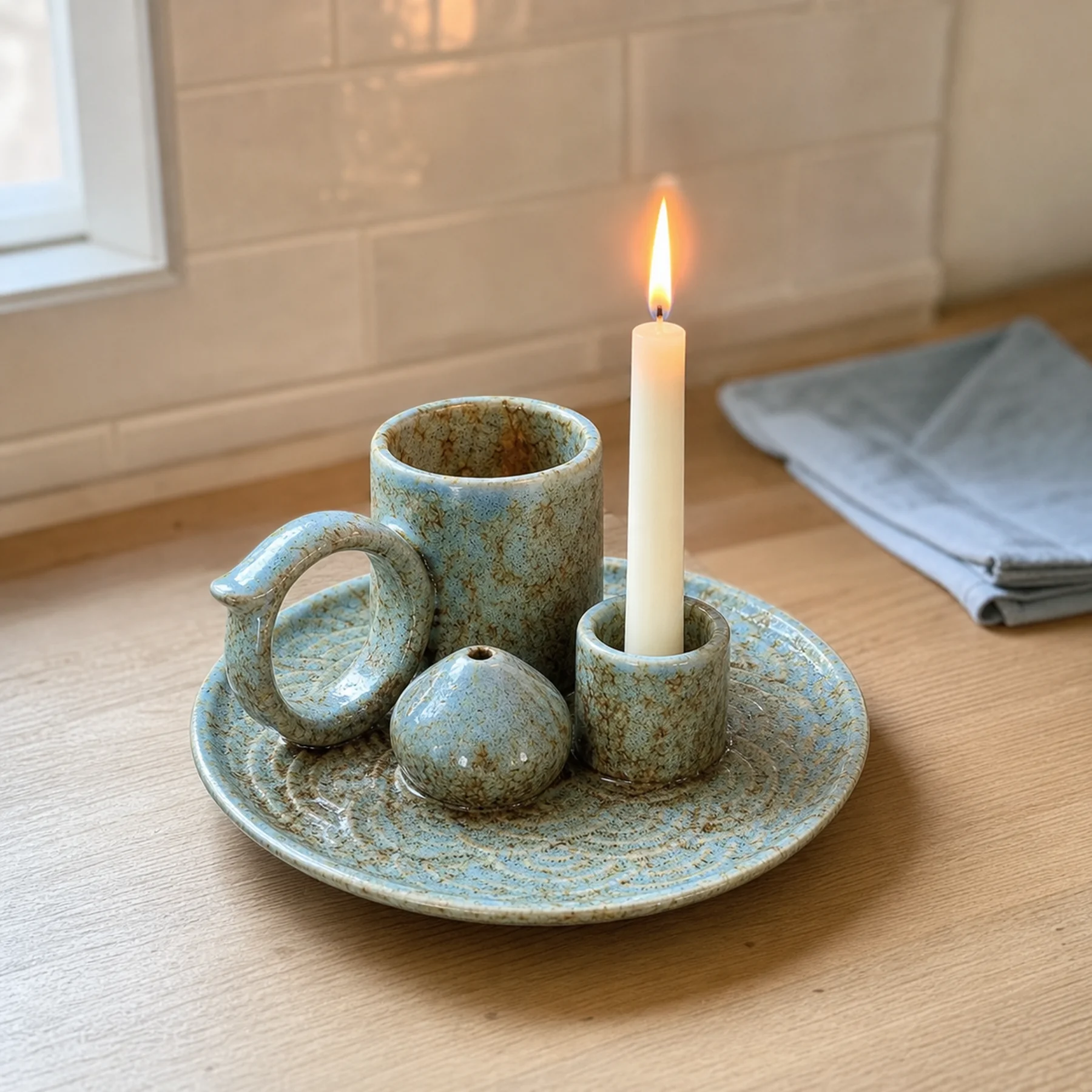 Blue glaze 5-in-1 ceramic smudge bowl holding a lit taper candle with a natural flame
