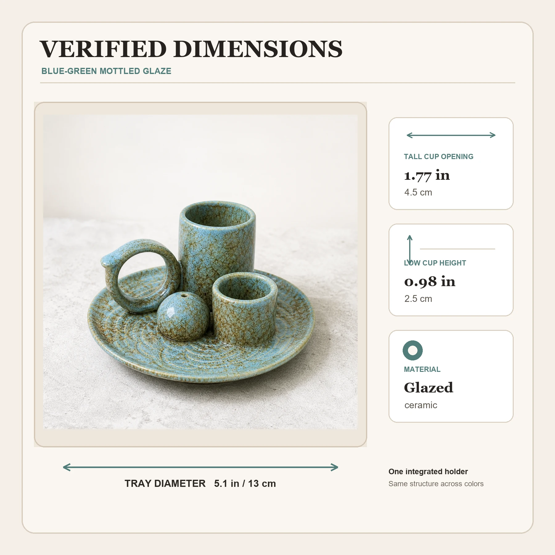 Blue glaze 5-in-1 ceramic smudge bowl verified dimension card showing tray and cup measurements