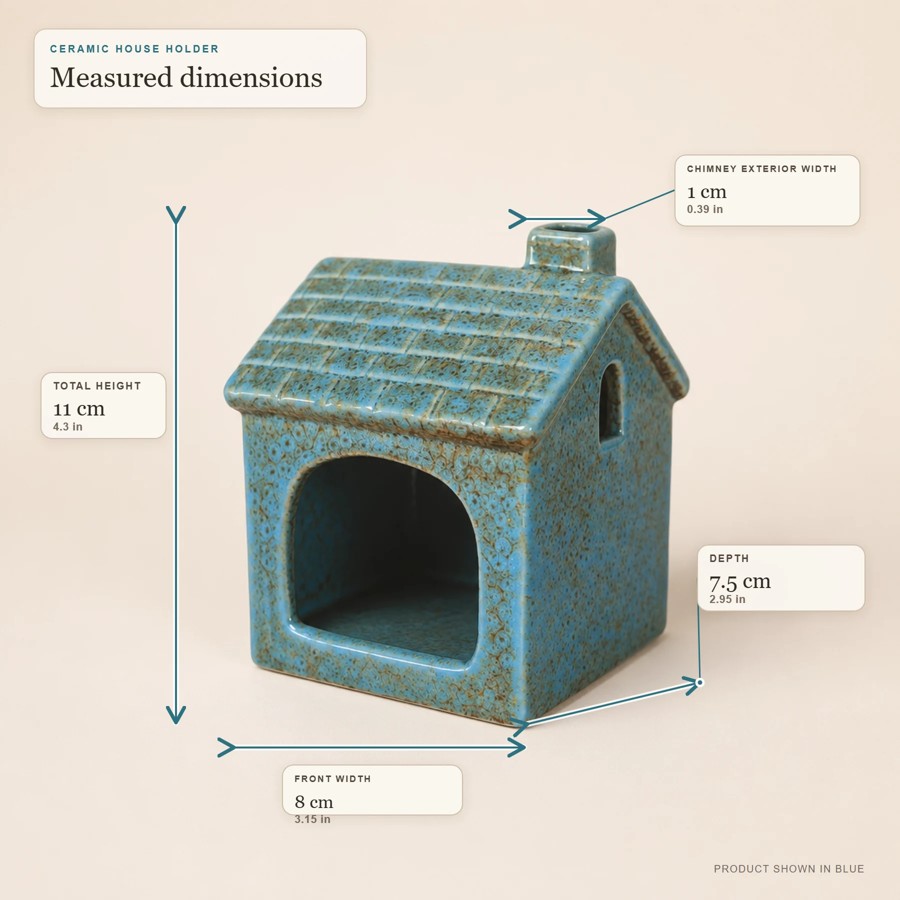 Blue ceramic house holder dimensions 4.3 by 3.15 by 2.95 inches