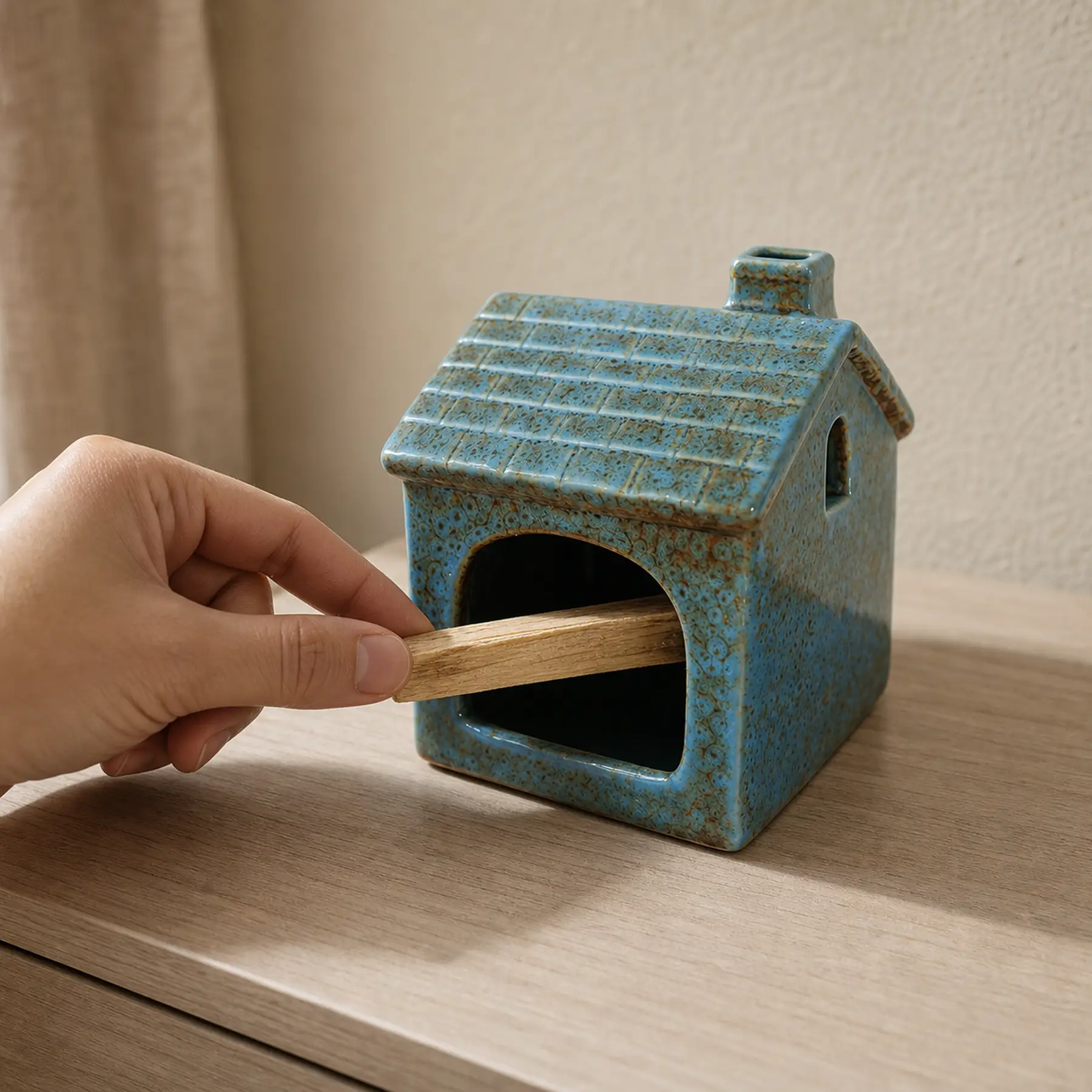 Hand placing unlit Palo Santo into Blue ceramic house holder for scale