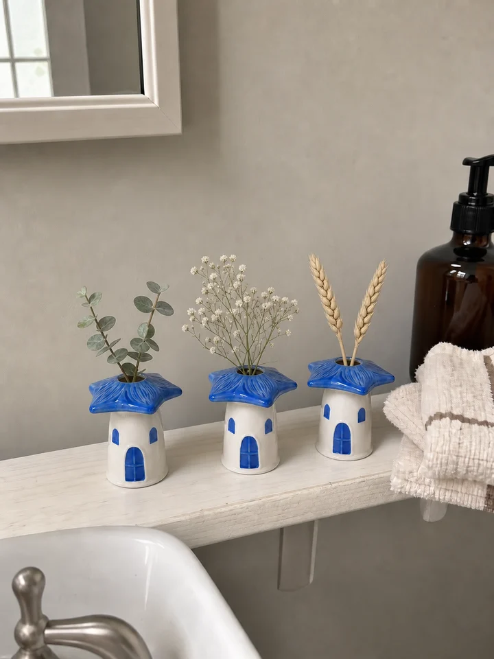 3-Piece Blue Mushroom House Ceramic Bud Vase Set styling idea 1