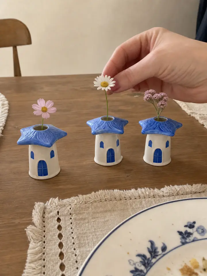 3-Piece Blue Mushroom House Ceramic Bud Vase Set styling idea 6