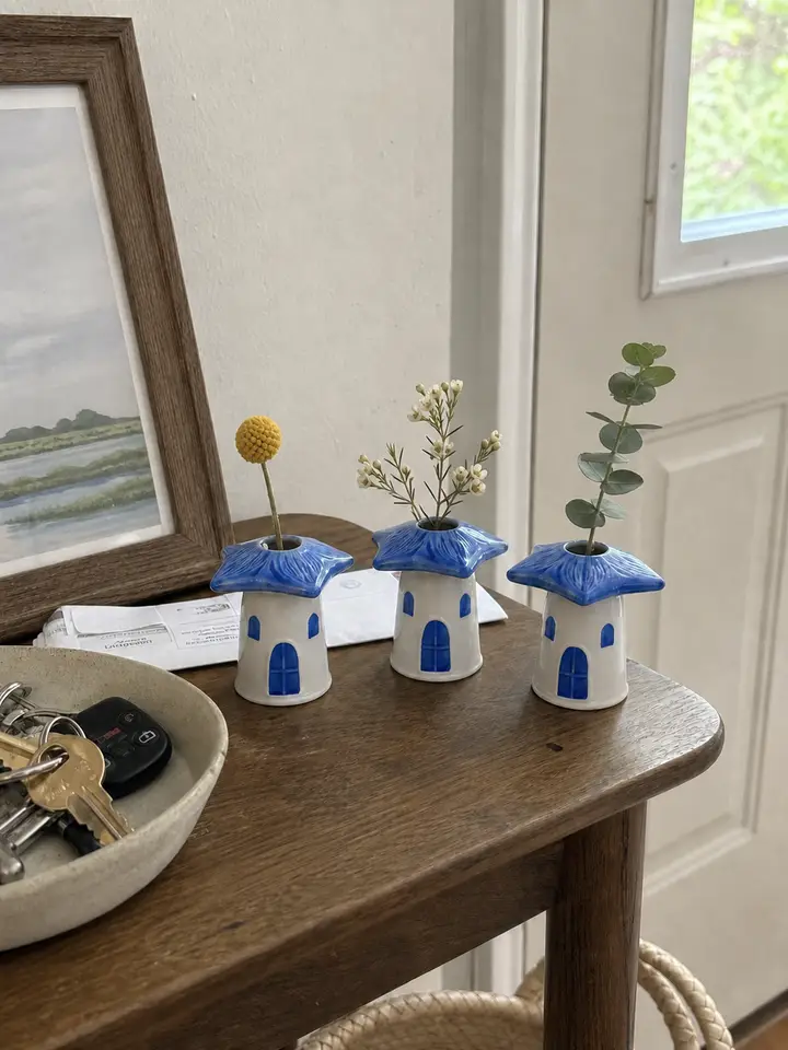 3-Piece Blue Mushroom House Ceramic Bud Vase Set styling idea 5