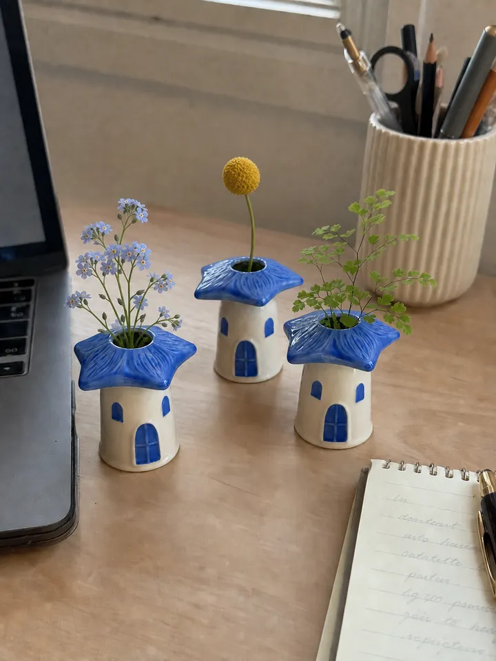 3-Piece Blue Mushroom House Ceramic Bud Vase Set styling idea 4