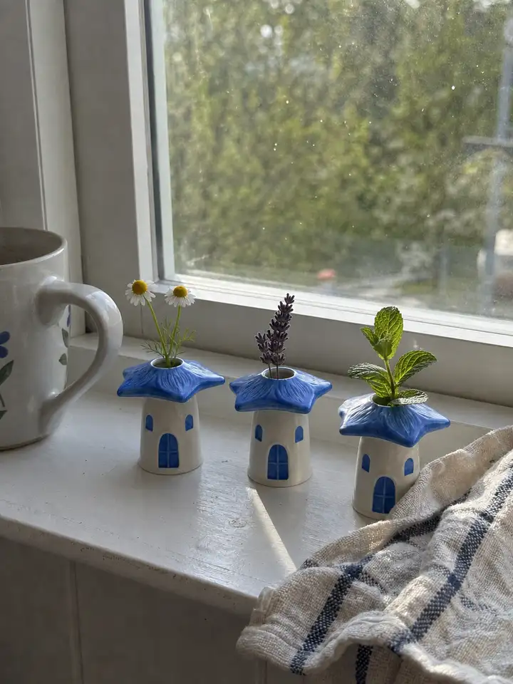 3-Piece Blue Mushroom House Ceramic Bud Vase Set styling idea 2