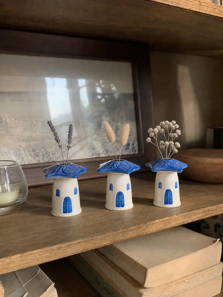 3-Piece Blue Mushroom House Ceramic Bud Vase Set styling idea 3