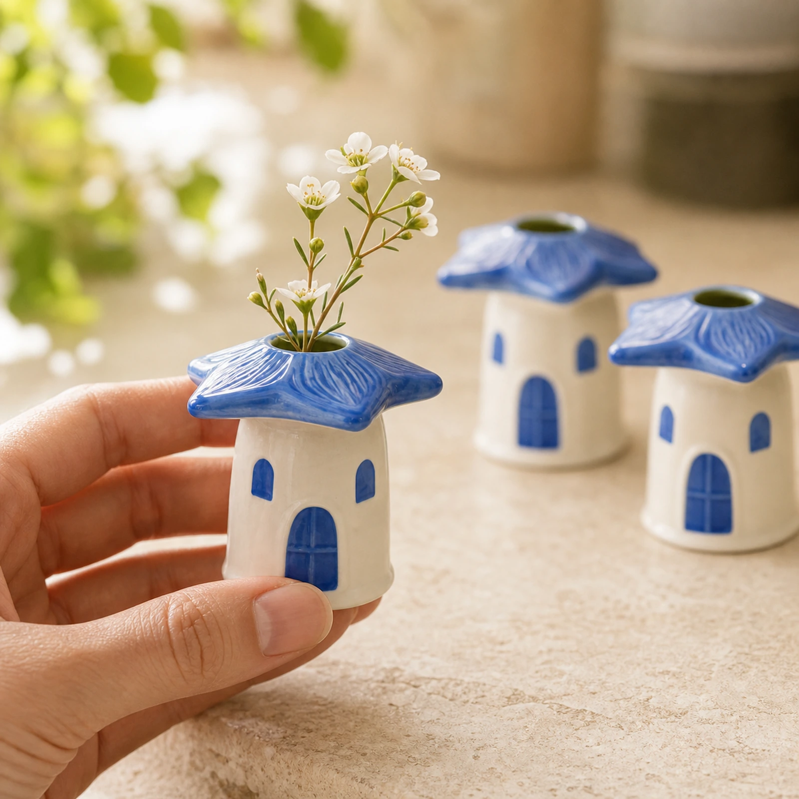 Hand holding a blue mushroom house ceramic bud vase for scale