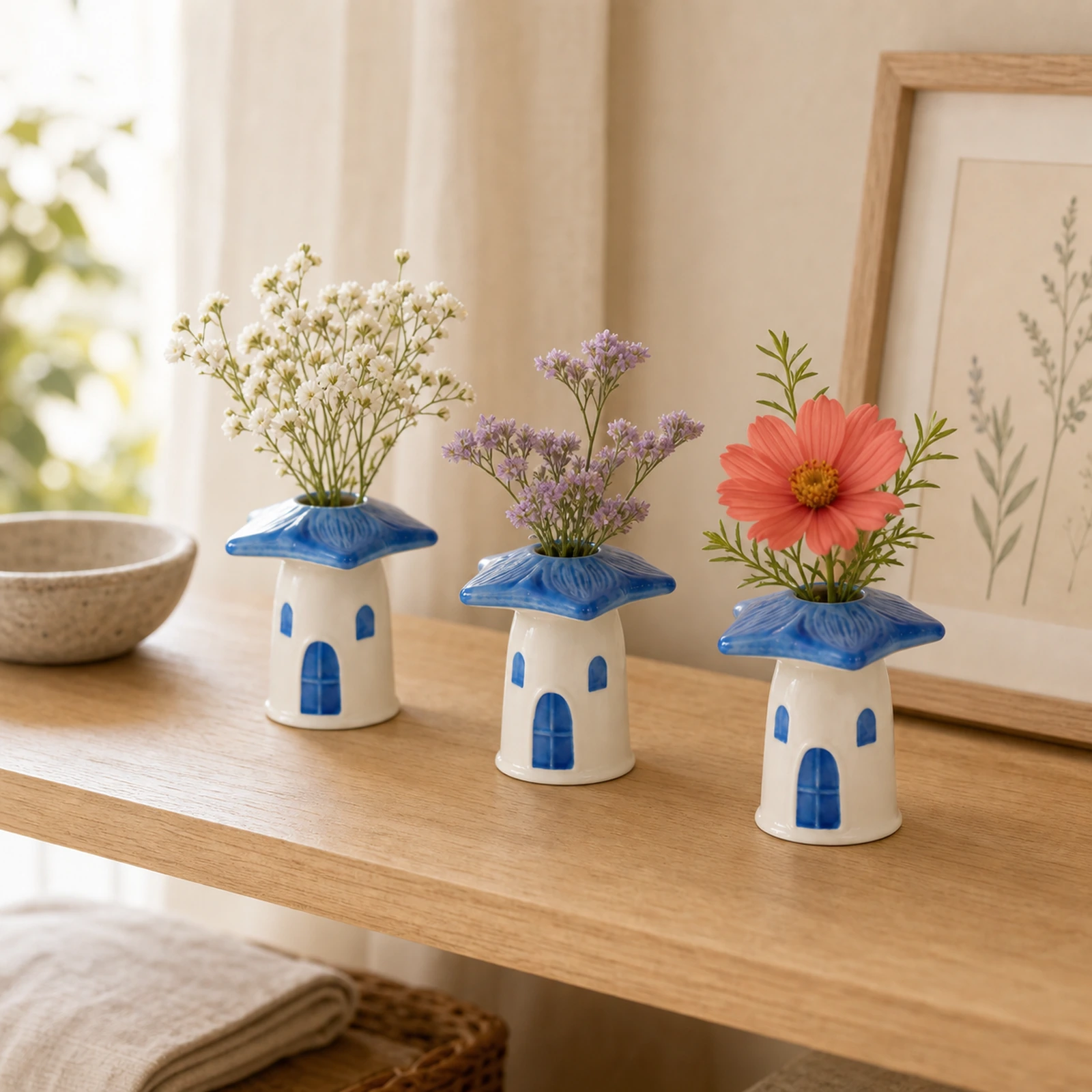Three blue mushroom house mini vases styled on a warm oak shelf