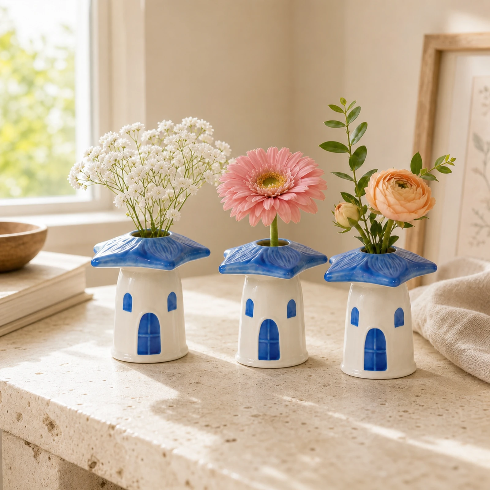 Three-piece MOUGIGI blue mushroom house ceramic bud vase set with mixed petite flowers