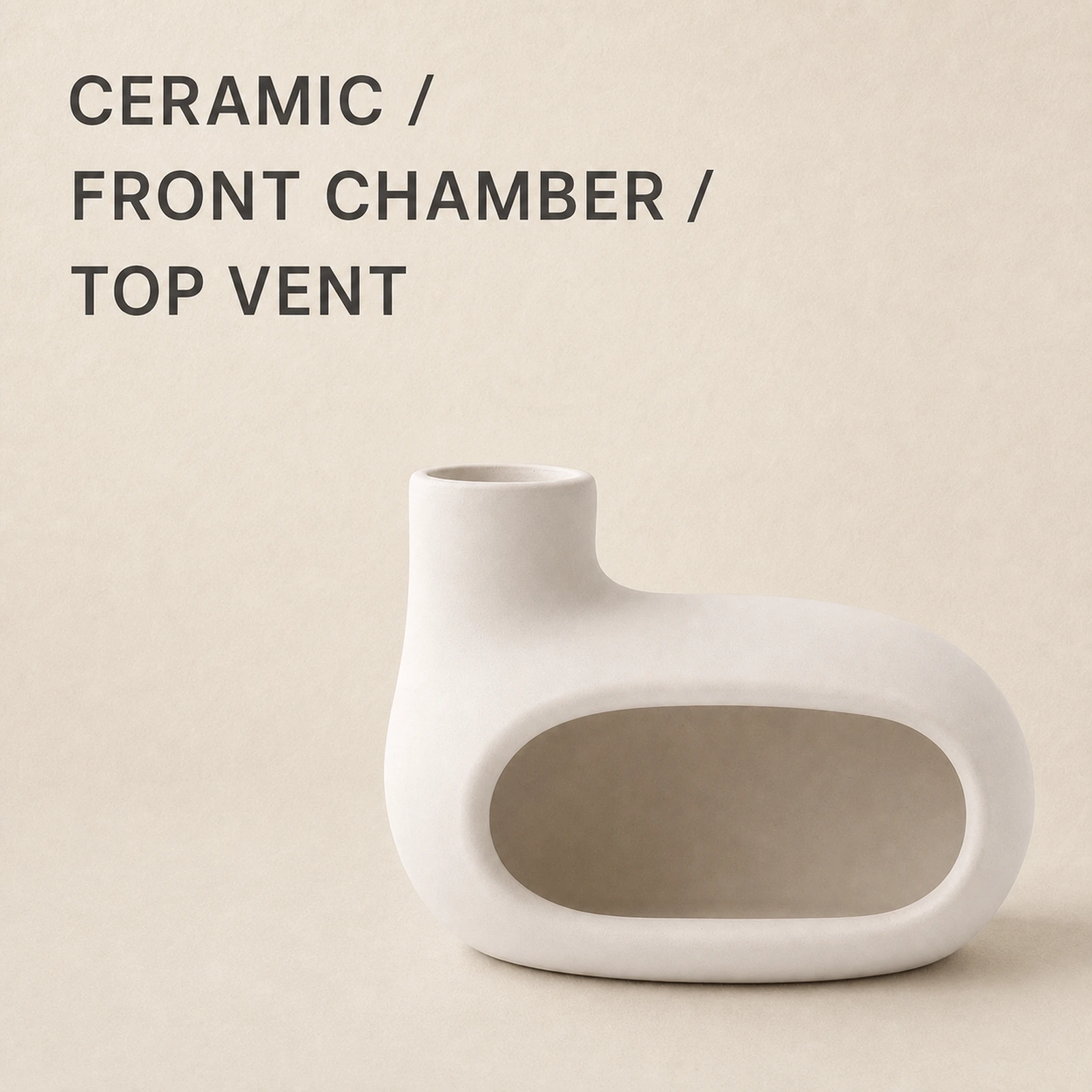 Bright Moon White elongated Classic Ceramic Palo Santo & Sage Burner, fact view identifying the ceramic body, front chamber, and top vent.