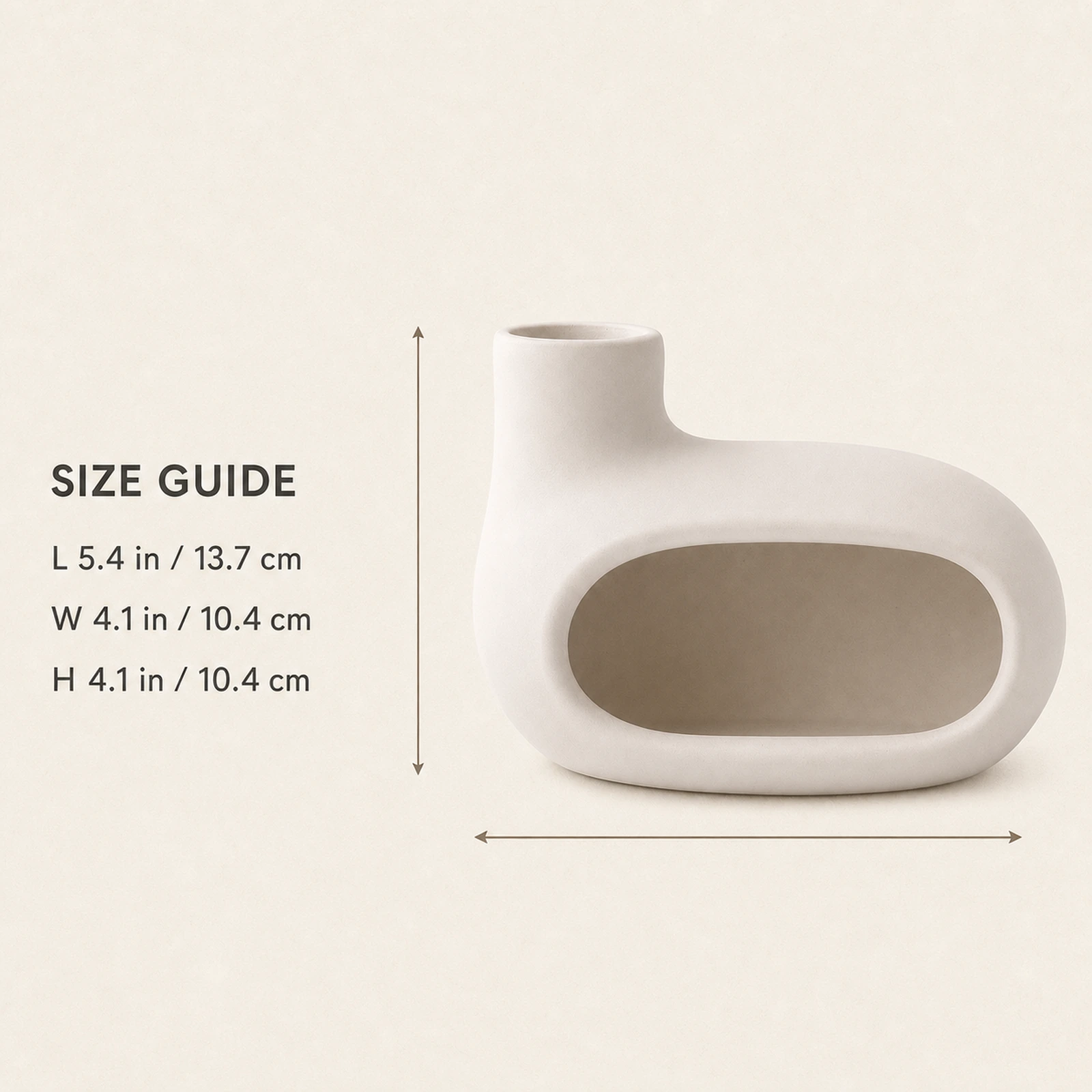 Bright Moon White elongated Classic Ceramic Palo Santo & Sage Burner, verified dimension guide with front-facing product view.