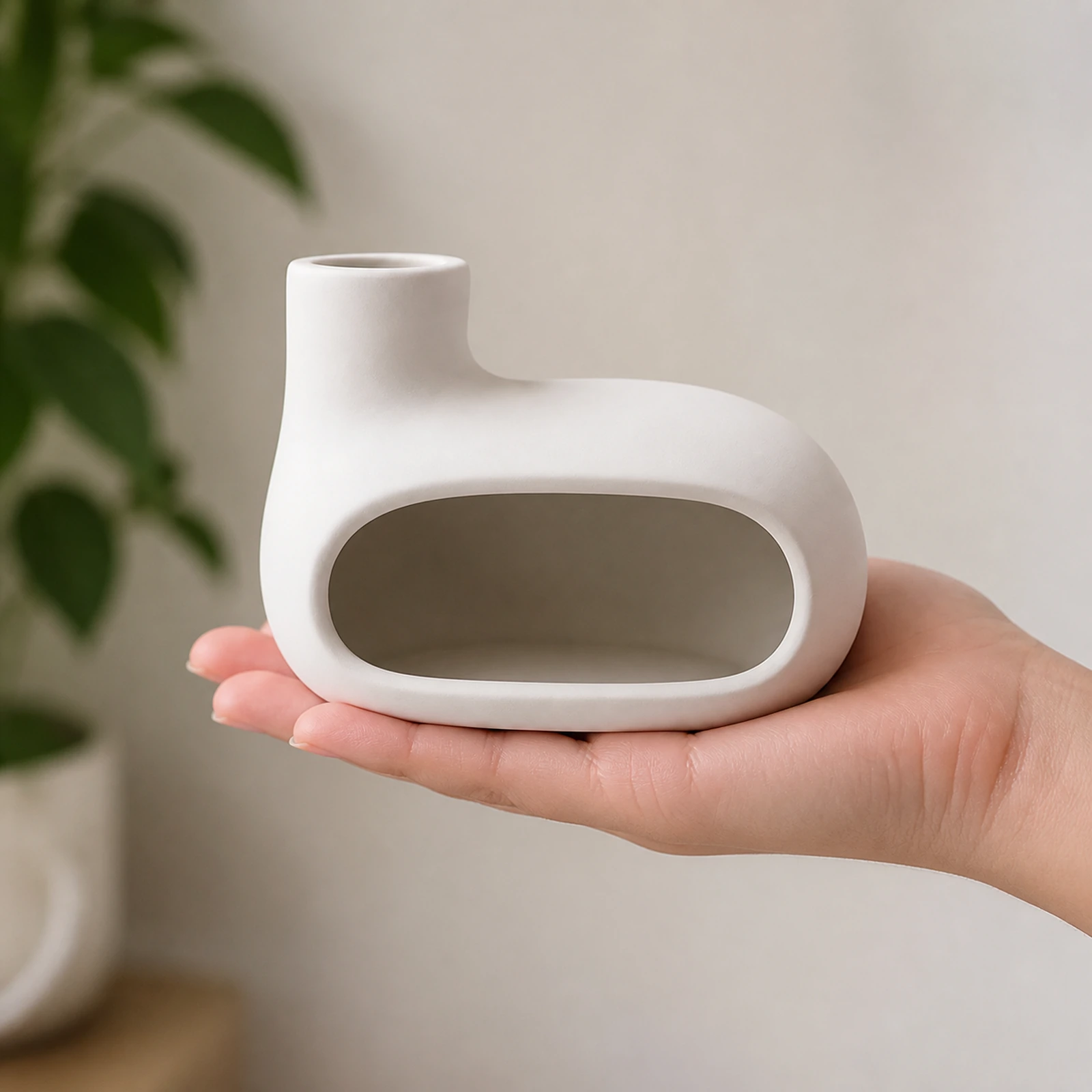 Bright Moon White elongated Classic Ceramic Palo Santo & Sage Burner, held in an adult hand to show approximate tabletop scale.