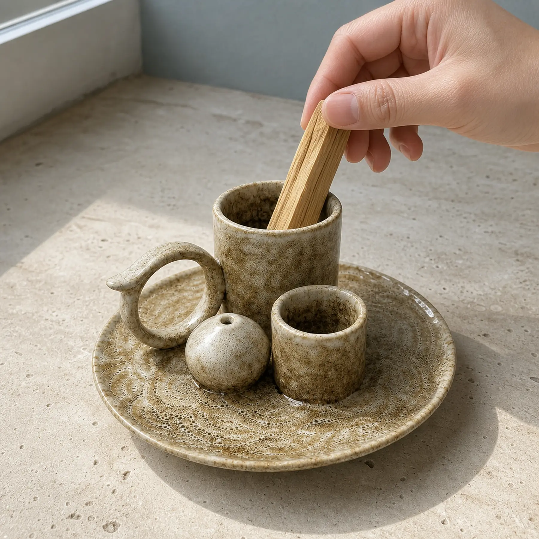 Brown glaze 5-in-1 ceramic smudge bowl shown with an adult hand for tabletop scale