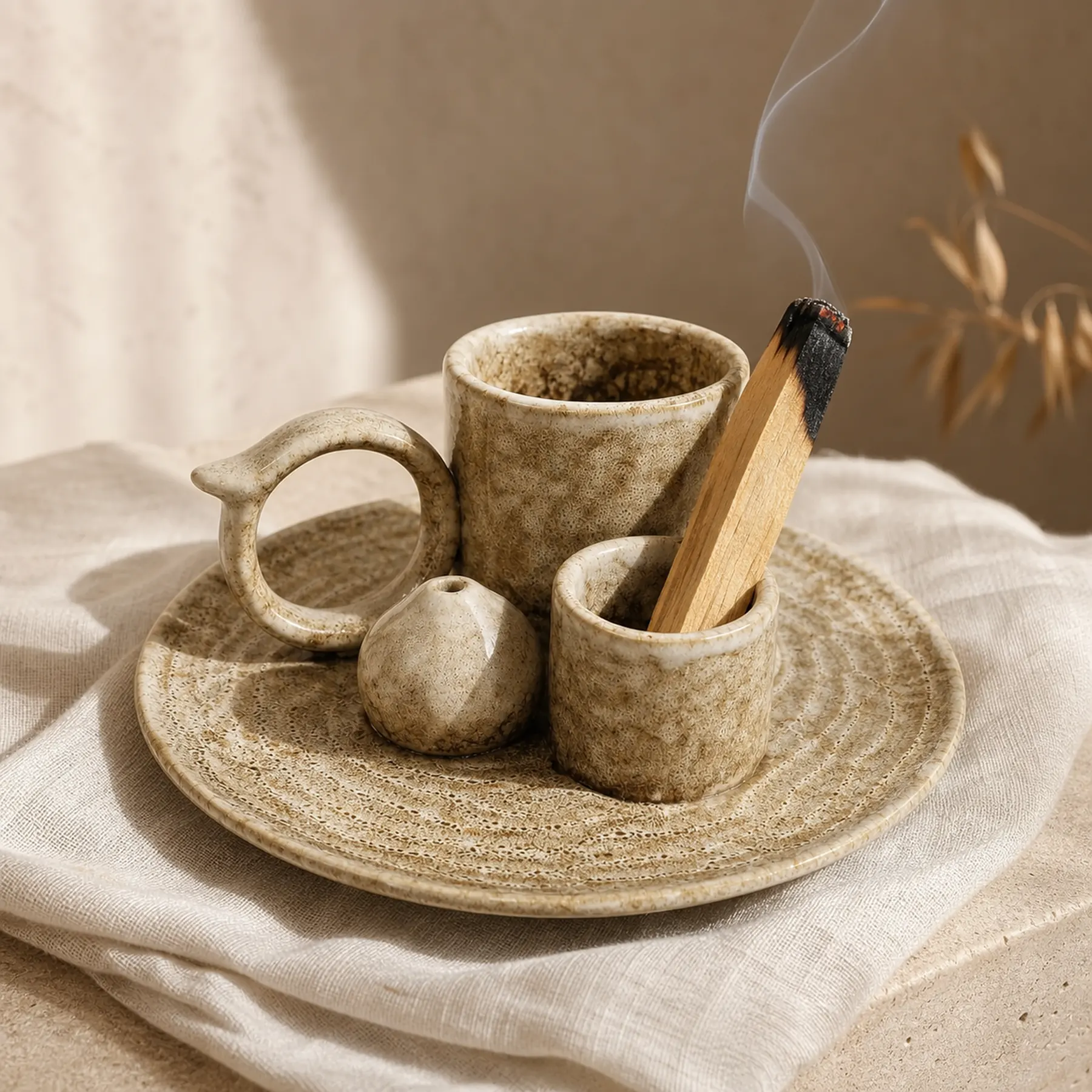 Brown glaze 5-in-1 ceramic smudge bowl with visible-tip smoldering Palo Santo and a thin smoke curl