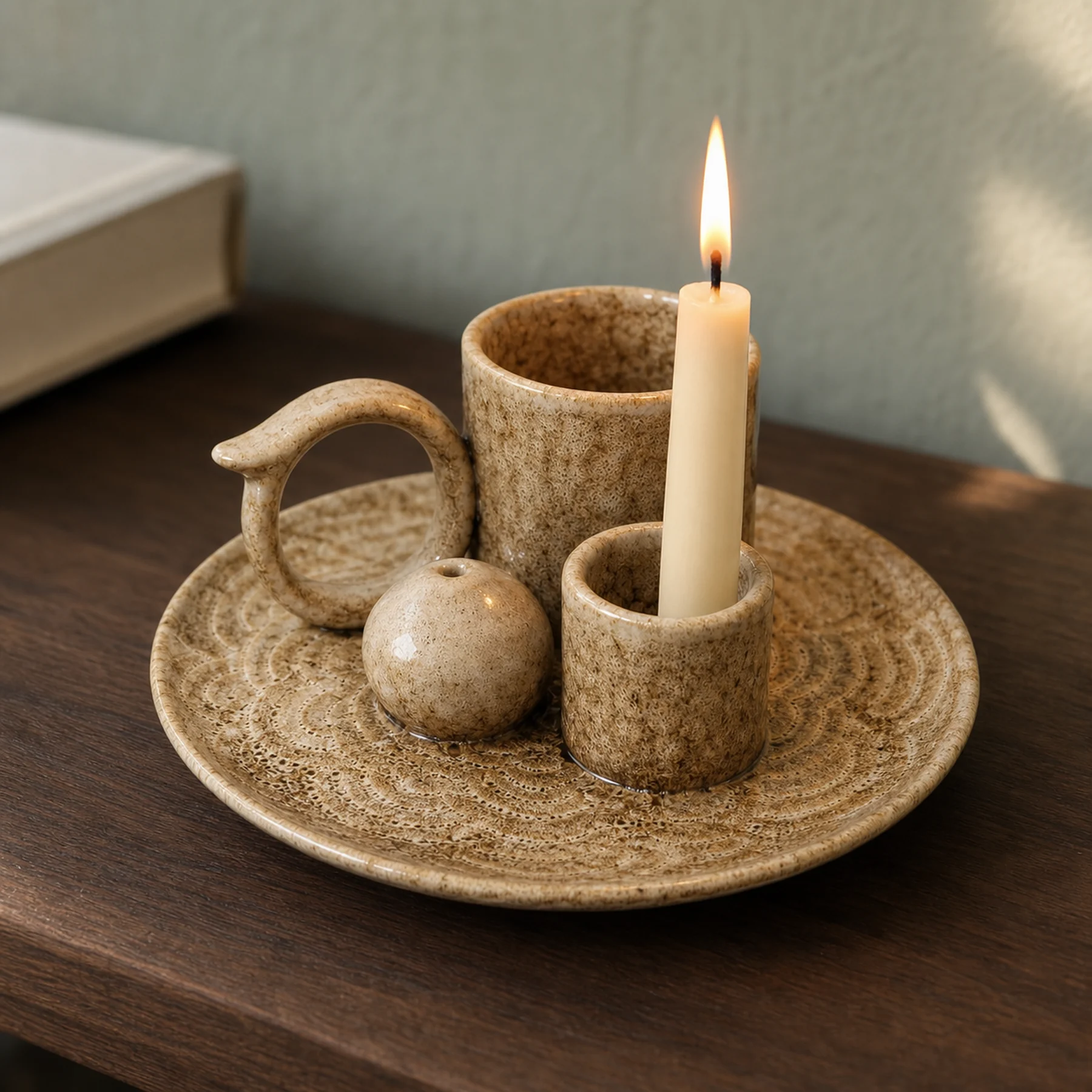 Brown glaze 5-in-1 ceramic smudge bowl holding a lit taper candle with a natural flame