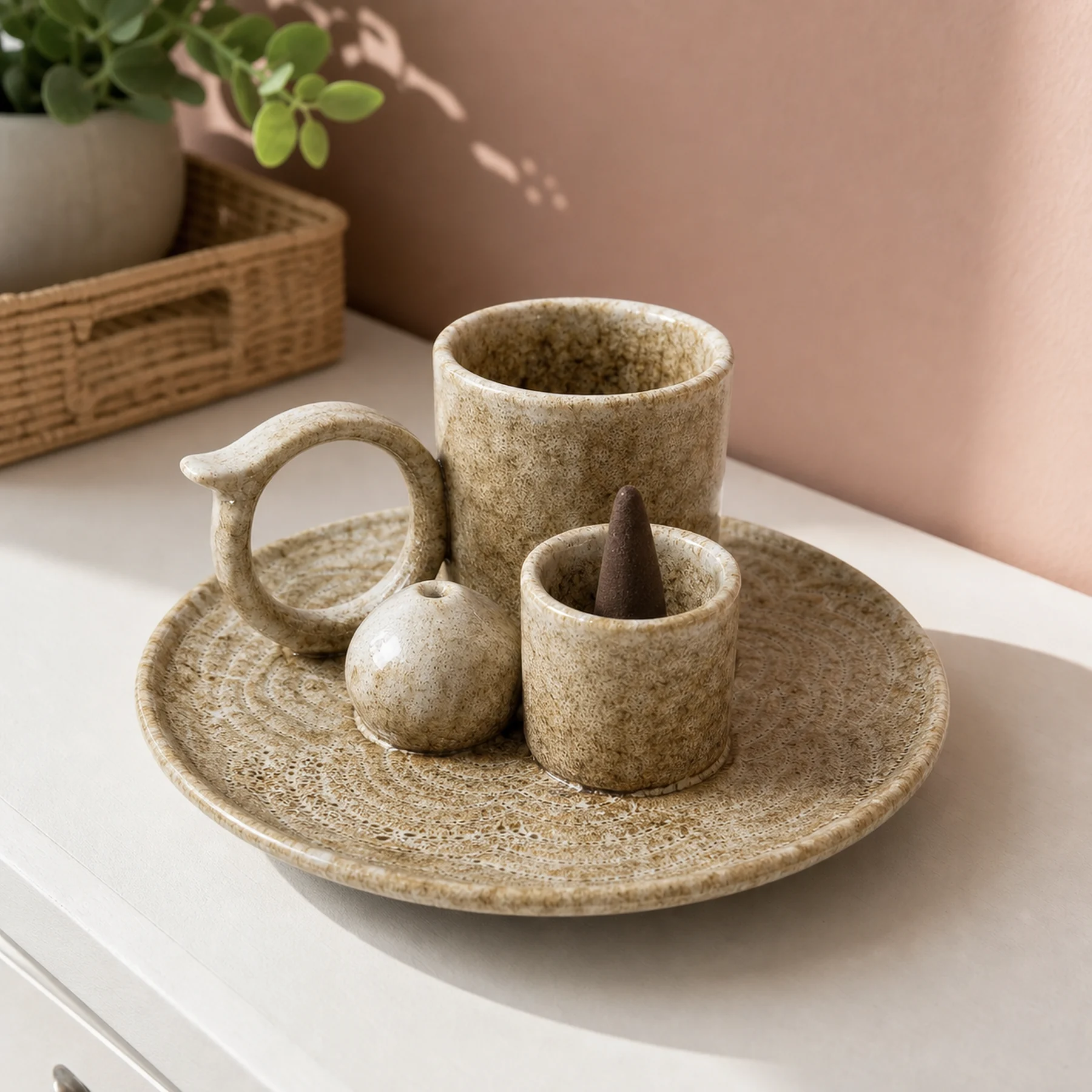 Brown glaze 5-in-1 ceramic smudge bowl styled with a deep cocoa-brown tapered incense cone