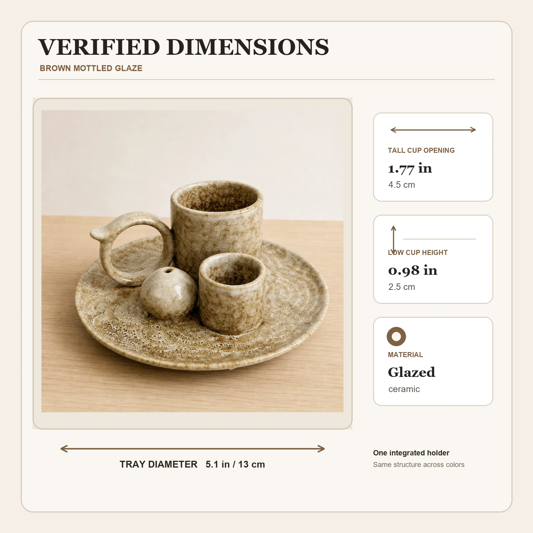 Brown glaze 5-in-1 ceramic smudge bowl verified dimension card showing tray and cup measurements