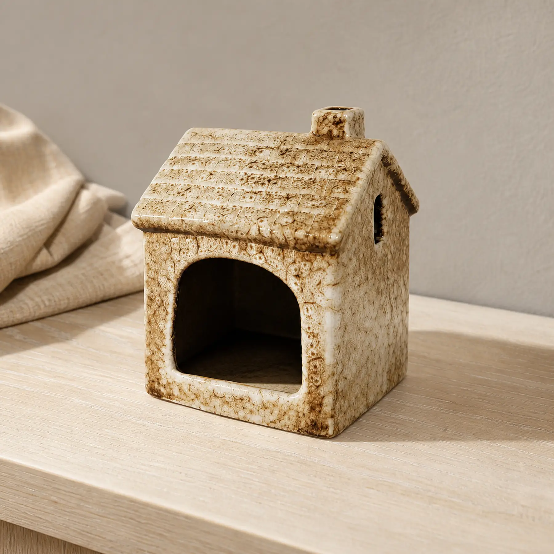 Brown ceramic house Palo Santo holder clean product view